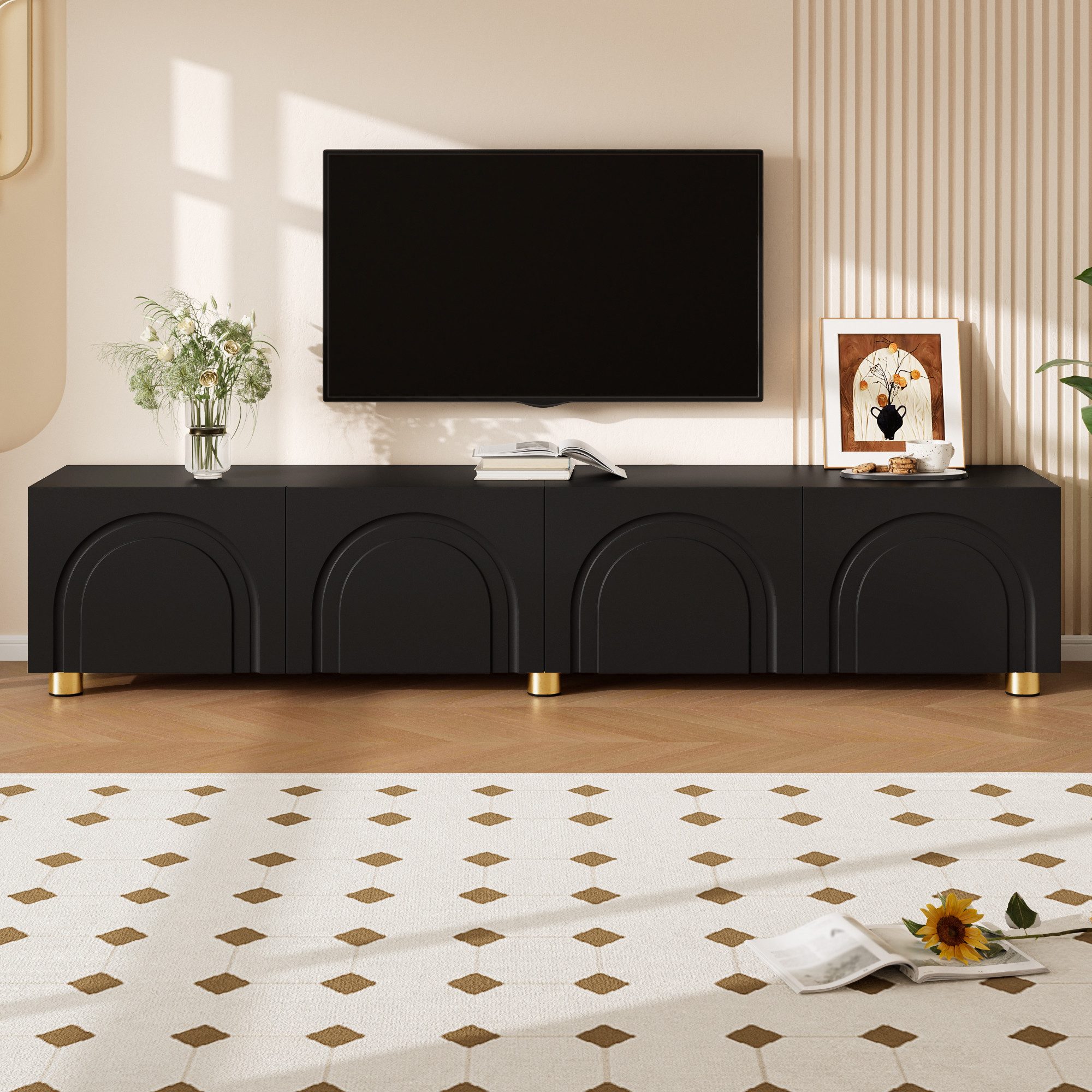 TV-Schrank Lowboard mit 4 Türen und 3D-Bogenfront, Metallfüßen und Stauraum