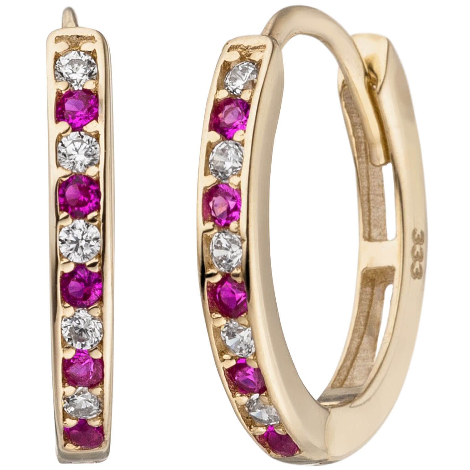 Schmuck Krone Paar Creolen Schmale Creolen, 333 Gelbgold, 20 Zirkonia rot weiß, Gold 333