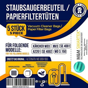 M&M Smartek Staubsaugerbeutel 2-lagige Papier-Filter-Tüten wie 6.959-130.0 / 69591300, passend für Kärcher, 5 St., für Nass-/Trockensauger, Mehrzwecksauger, Gewerbesauger