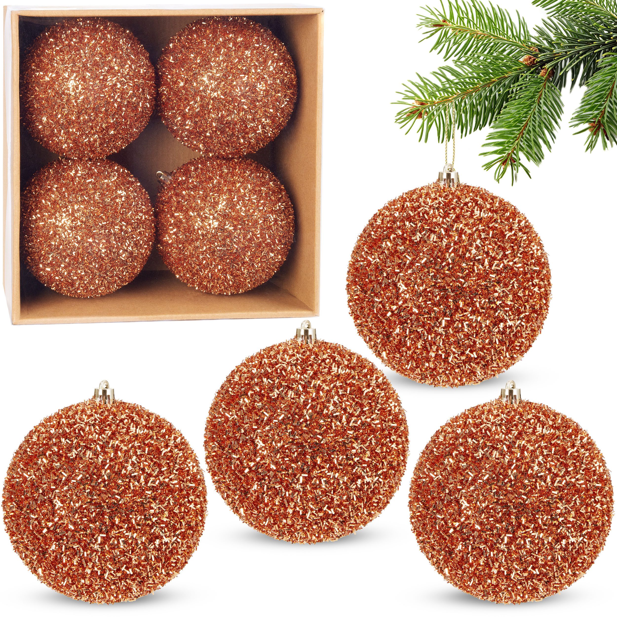 BRUBAKER Weihnachtsbaumkugel Glitzer Weihnachtskugeln - 4er Set große Glitter Baumkugeln - 10 cm (4 St), Christbaumkugeln Bruchsicher aus Kunststoff - Christbaumschmuck