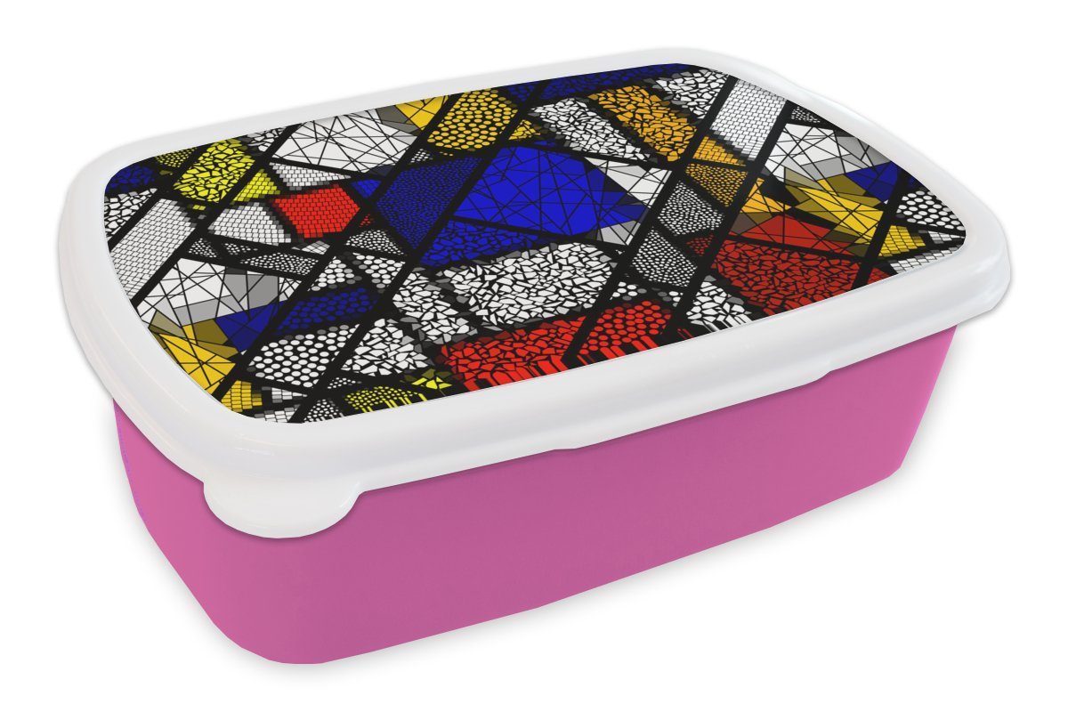 MuchoWow Lunchbox Mondrian - Glasmalerei - Alte Meister - Kunstwerk - Abstrakt - Malerei, Kunststoff, (2-tlg), Brotbox für Erwachsene, Brotdose Kinder, Snackbox, Mädchen, Kunststoff rosa