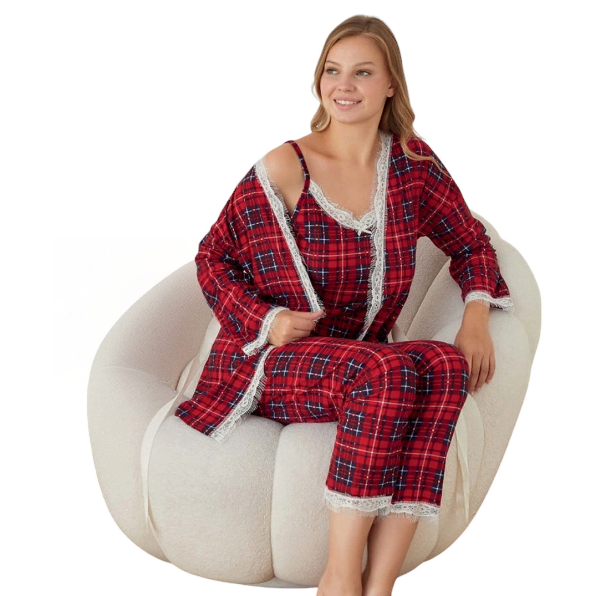 fashionshowcase Hausanzug Damen 3-teilig mit Spitze - Schlafanzug Pyjama Set Kariert & Gepunktet (3-teiliges Set (Top, Hose, Morgenmantel) Elegante Spitzenakzente