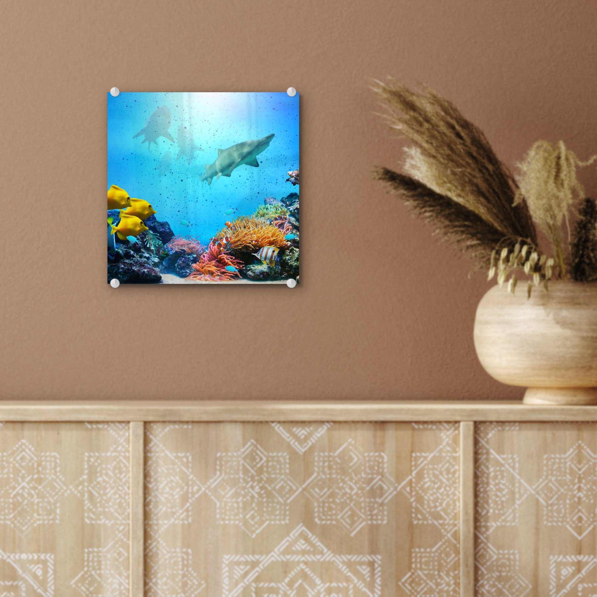 - Wandbild Glas Meer Glasbilder - auf auf Bilder Glas MuchoWow Foto - Acrylglasbild St), - - Fische Farben, (1 Wanddekoration