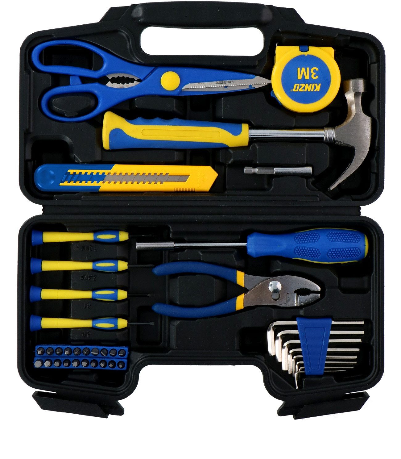 Kinzo Werkzeugkoffer 39-tlg Werkzeugkoffer universal, Zange, Bits & Schlüssel aus Stahl (39 tlg.-Set), 39-teiliges Werkzeug-Set im robusten Kunststoffkoffer für den Haushalt