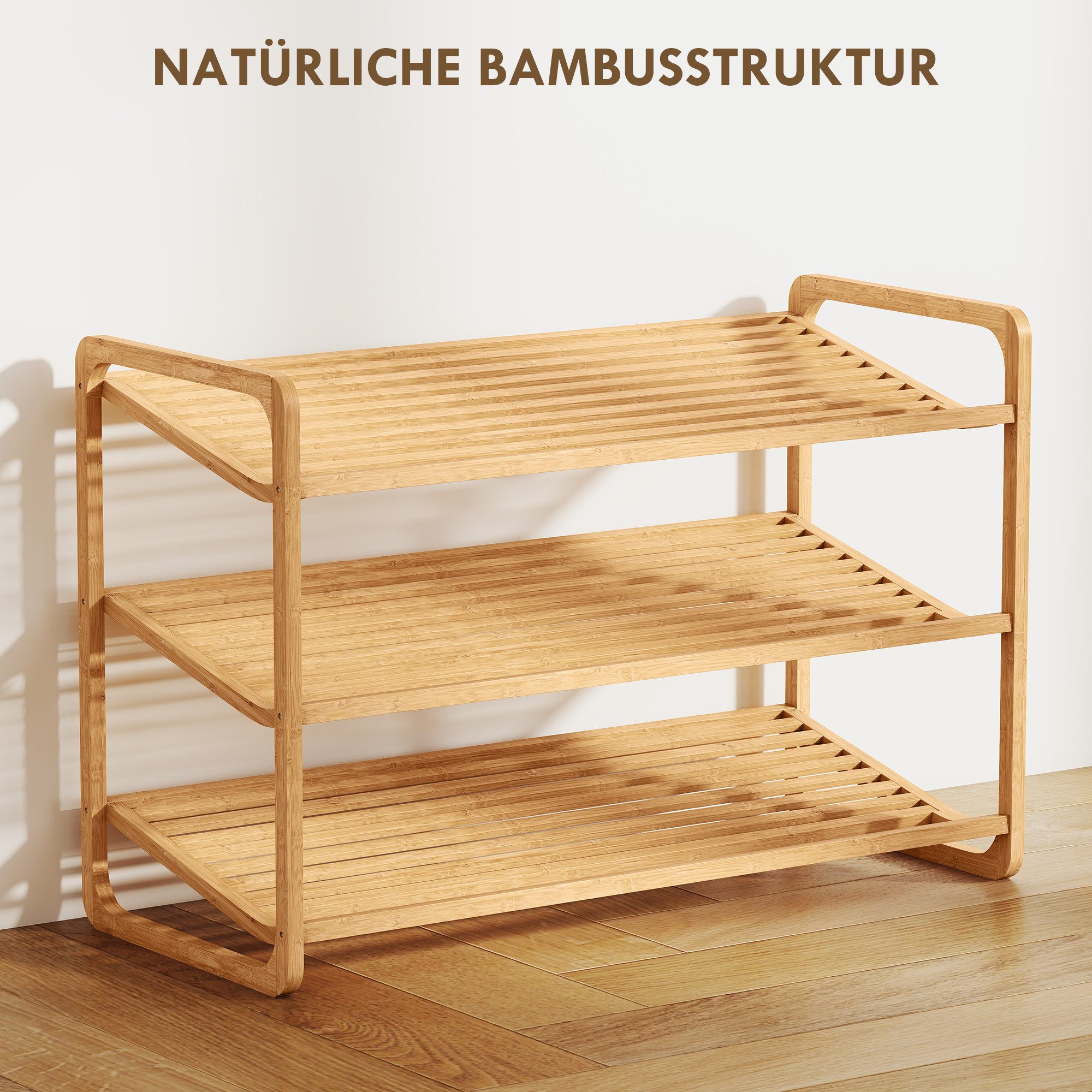 HOMCOM Standregal 3-stöckiges Schuhregal aus Bambus, freistehendes Aufbewahrungsregal für 12 Paar Schuhe 1-tlg., Schuhregalständer für Flur, Wohnzimmer, 76 x 33 – Bild 4 von 5