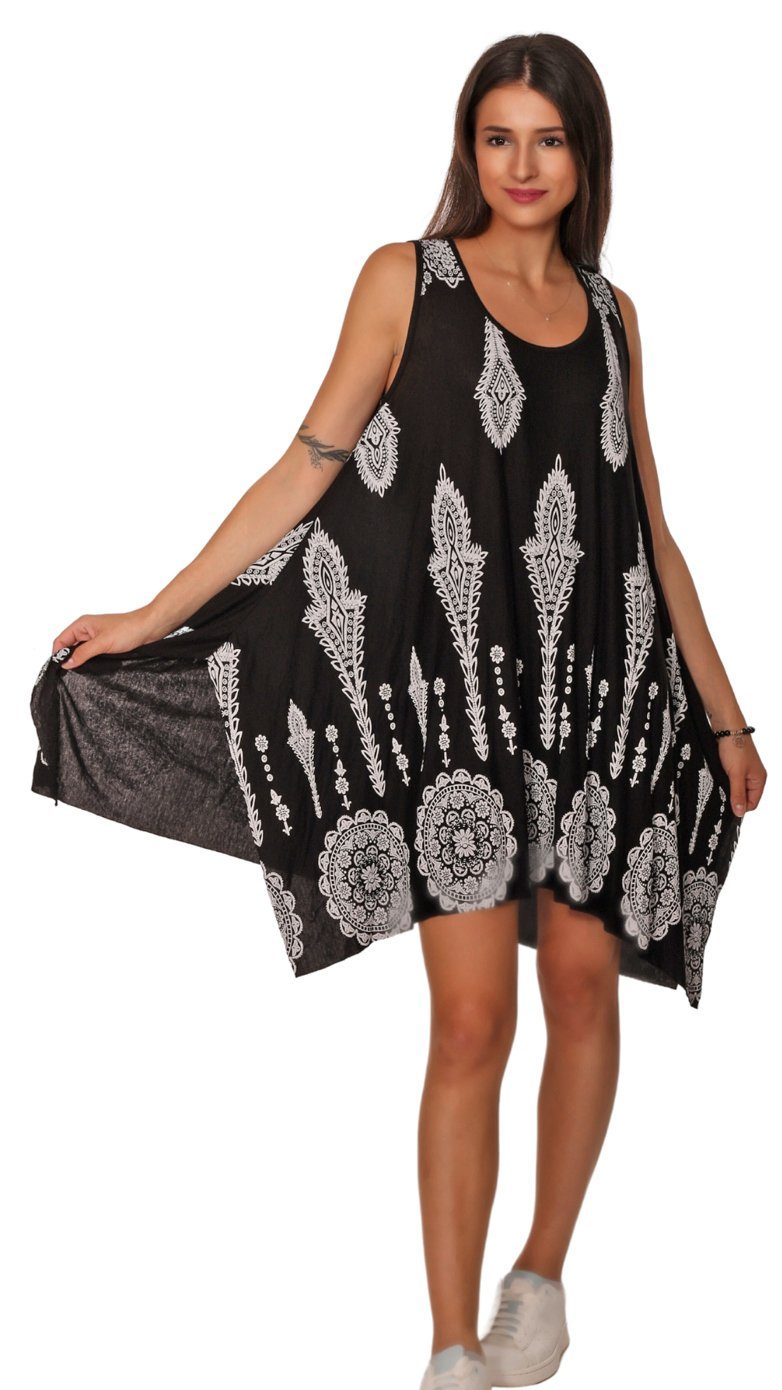 Charis Moda Sommerkleid Trägerkleid knielang Indian Ornamentic Print Schwarz
