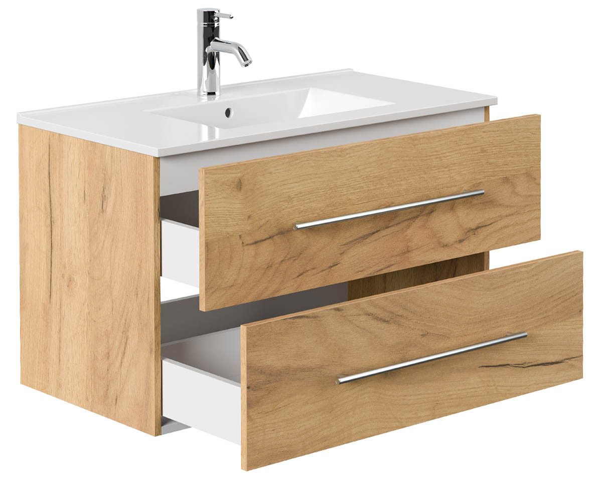 Thumbnail - einfachgutemoebel Waschtisch-Set Waschplatz KUBOA 90cm, Keramikbecken, gold-eiche, (Badmöbel Set, 1-St., Waschtisch Set)