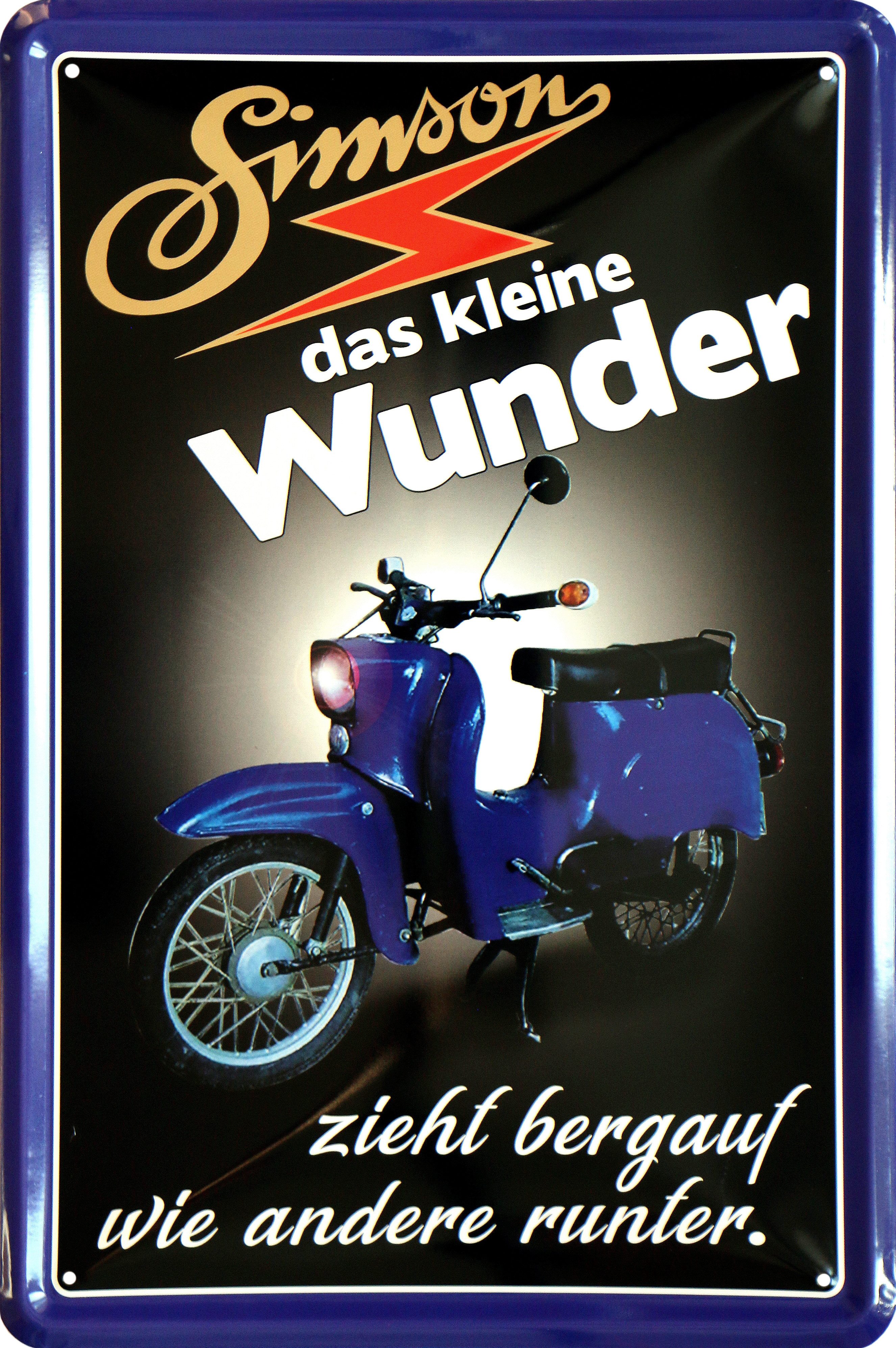 WOGEKA ART Metallbild Simson das kleine Wunder - 20 x 30 cm Retro Blechschild DDR Moped, Metallschild Wanddeko Spruch Schild Wandbild Ostdeutschland Ossi