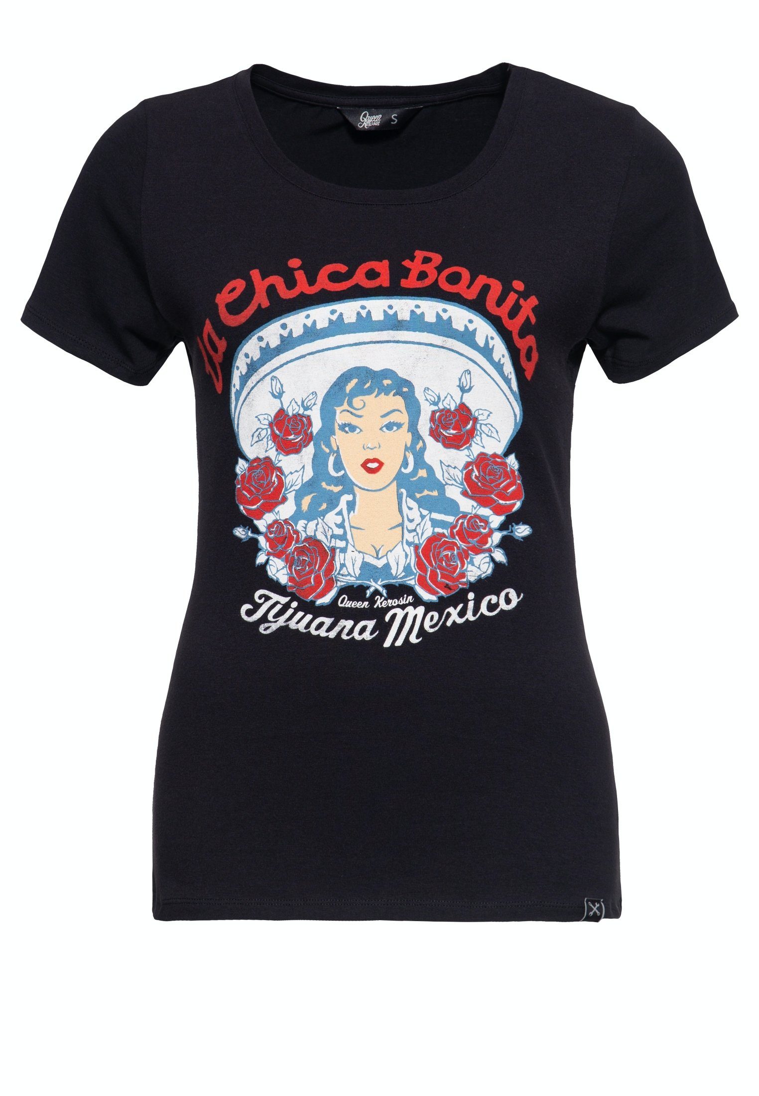Damen Shirts QueenKerosin Kurzarmshirt La Chica mit Print und Rundhalsausschnitt