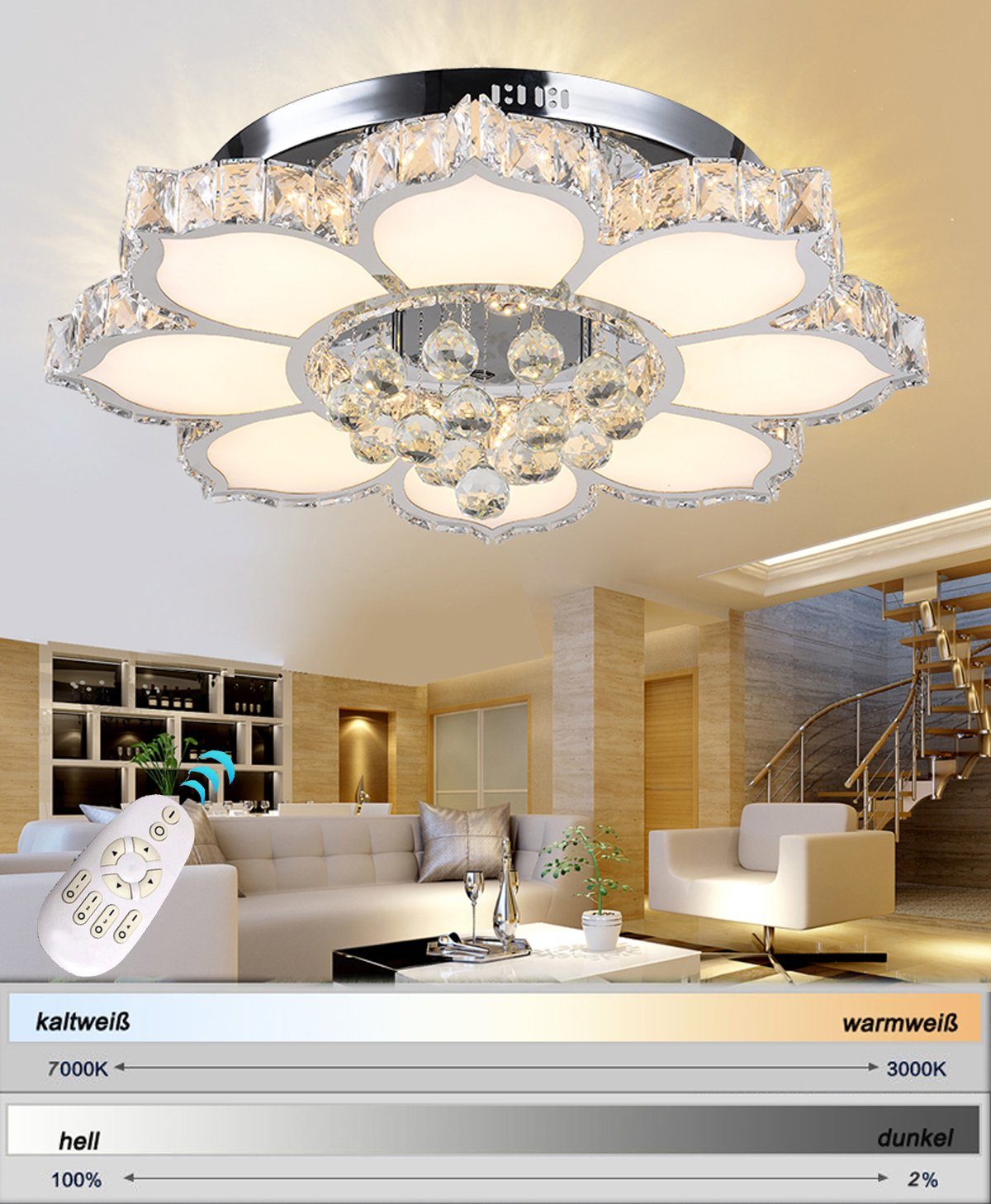 Euroton LED Deckenleuchte LED Pendelleuchte mit Fernbedienung Kristall Edelstahl energiesparend, LED fest integriert, Neutralweiß, Kaltweiß, Warmweiß, Mit Fernbedienung steuerbar