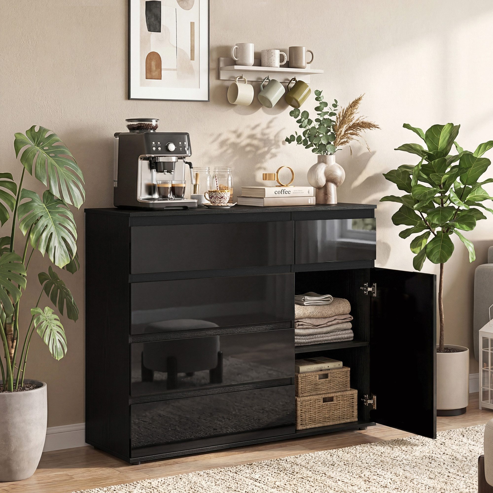 HOMCOM Kommode Regal verstellbar Schubladenschrank für Wohnzimmer 100x40x80cm (Aufbewahrungsschrank, 1 St., Sideboard), Fünf Schubladen, ein Schrank, hochglanzschwarz, Soft-Close