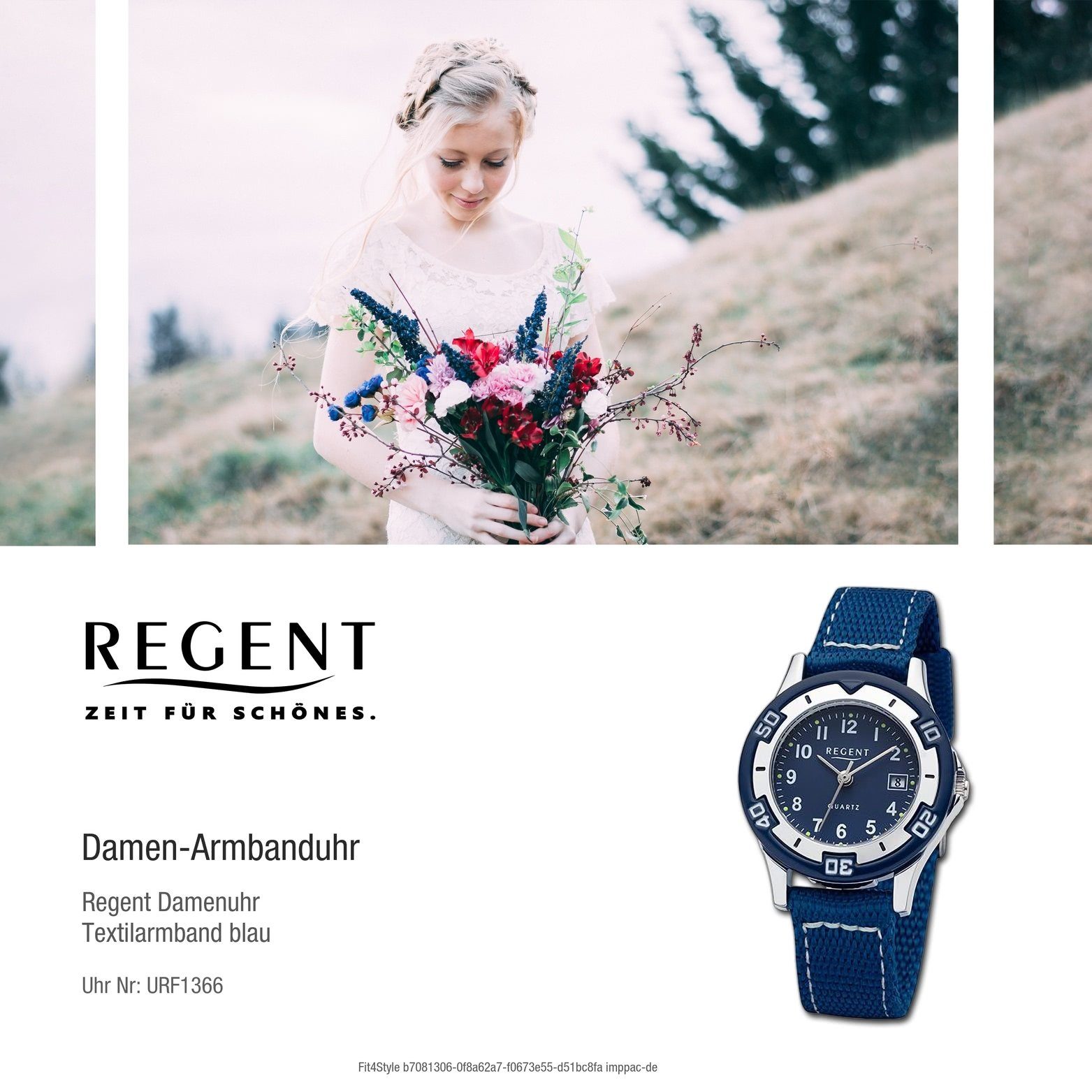 Analog, Damenuhr Regent blau, Textilarmband Damen extra Regent Armbanduhr groß 29mm) Gehäuse, rundes (ca. Quarzuhr