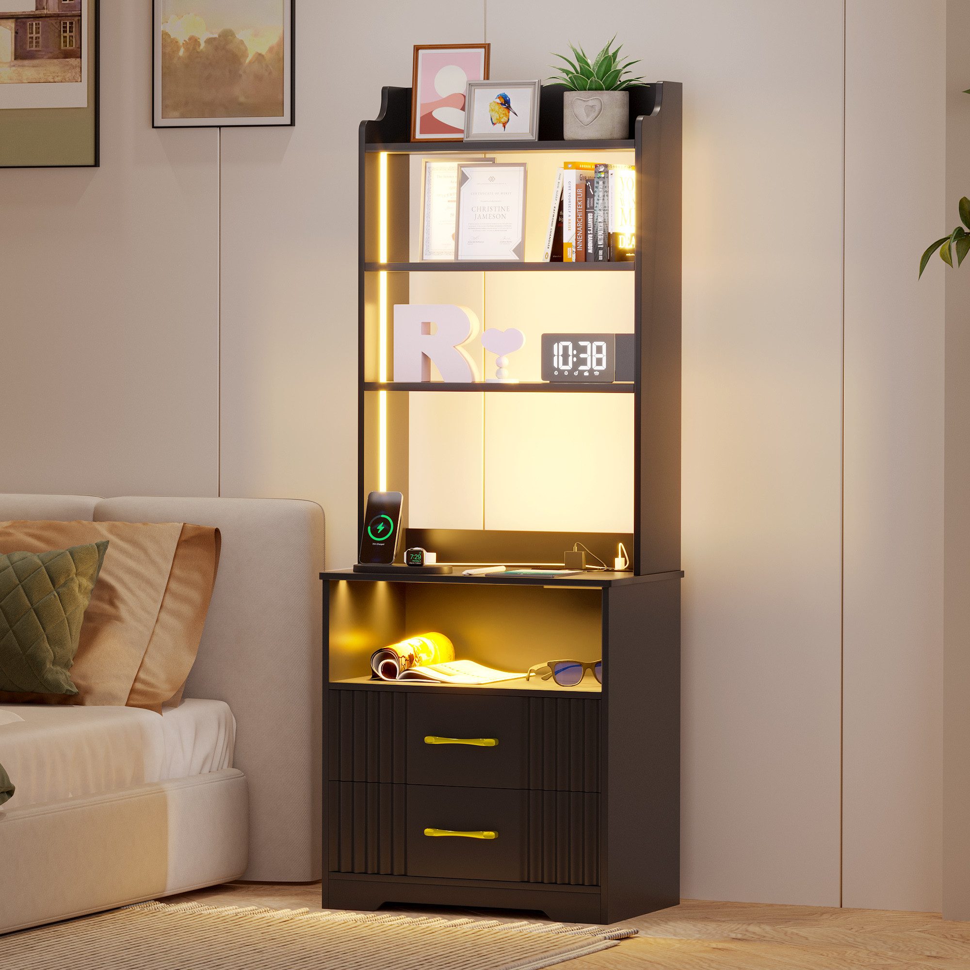 LVSOMT Nachttisch Bücherregalen mit LED, Steckdose günstig online kaufen