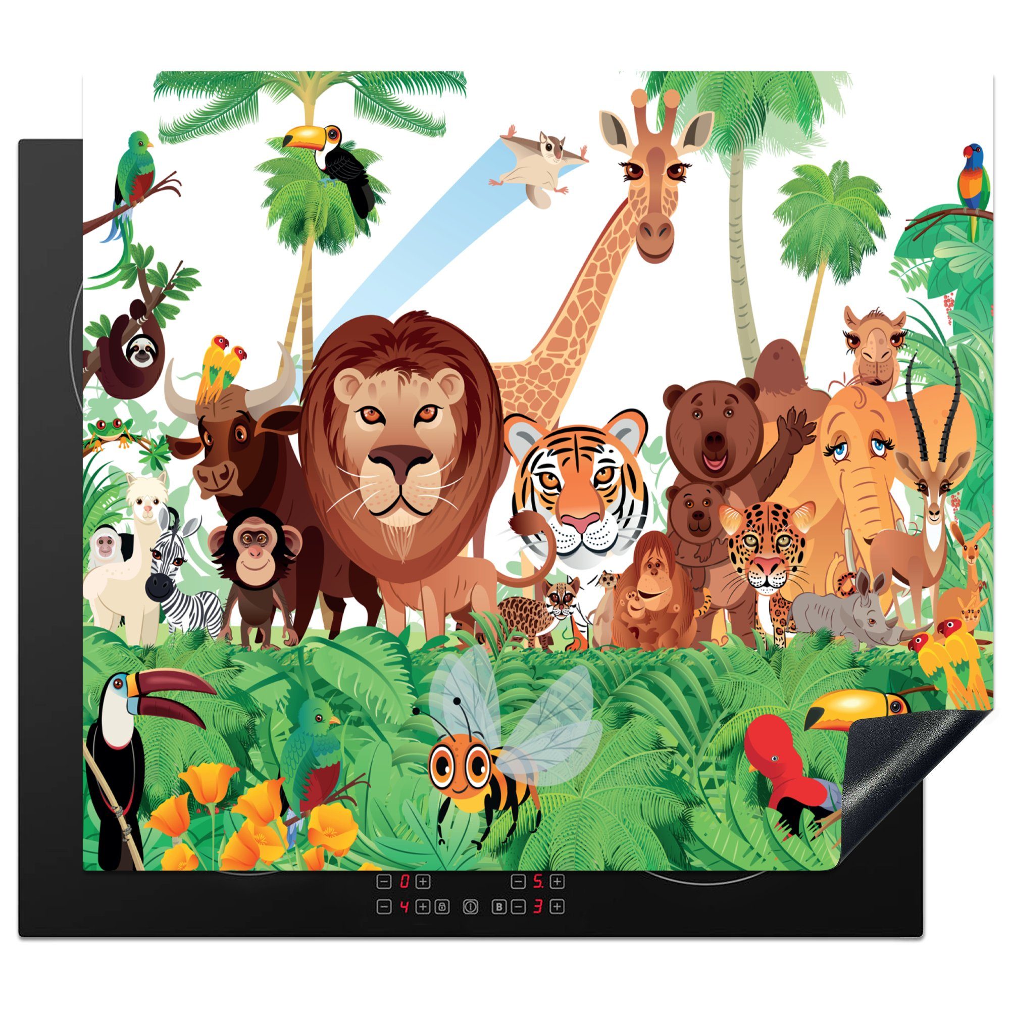 MuchoWow Herdblende-/Abdeckplatte Wilde Tiere - Dschungel - Löwe - Tiger - Mädchen - Kinder - Jungen, Vinyl, (1 tlg), 59x52 cm, Ceranfeldabdeckung für die küche, Induktionsmatte