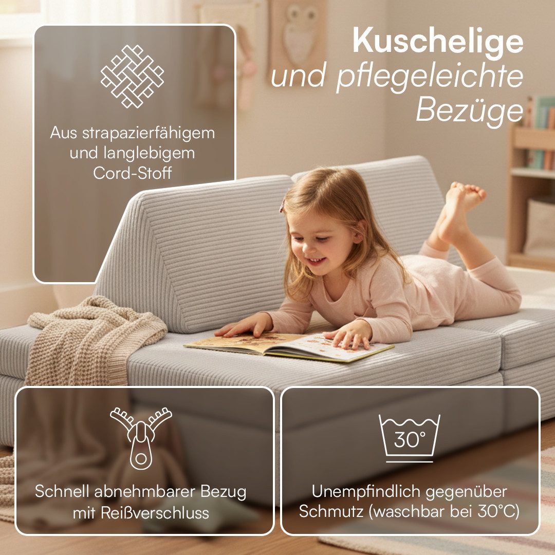 Bellabino Kindersofa Nile aus Schaumstoff Teilen, modulare Kinderspielcouch aus Cord, Grau, Maxi-Variante, Cordbezug abnehmbar & waschbar, 160x52x75cm, Oeko-Tex – Bild 5 von 5
