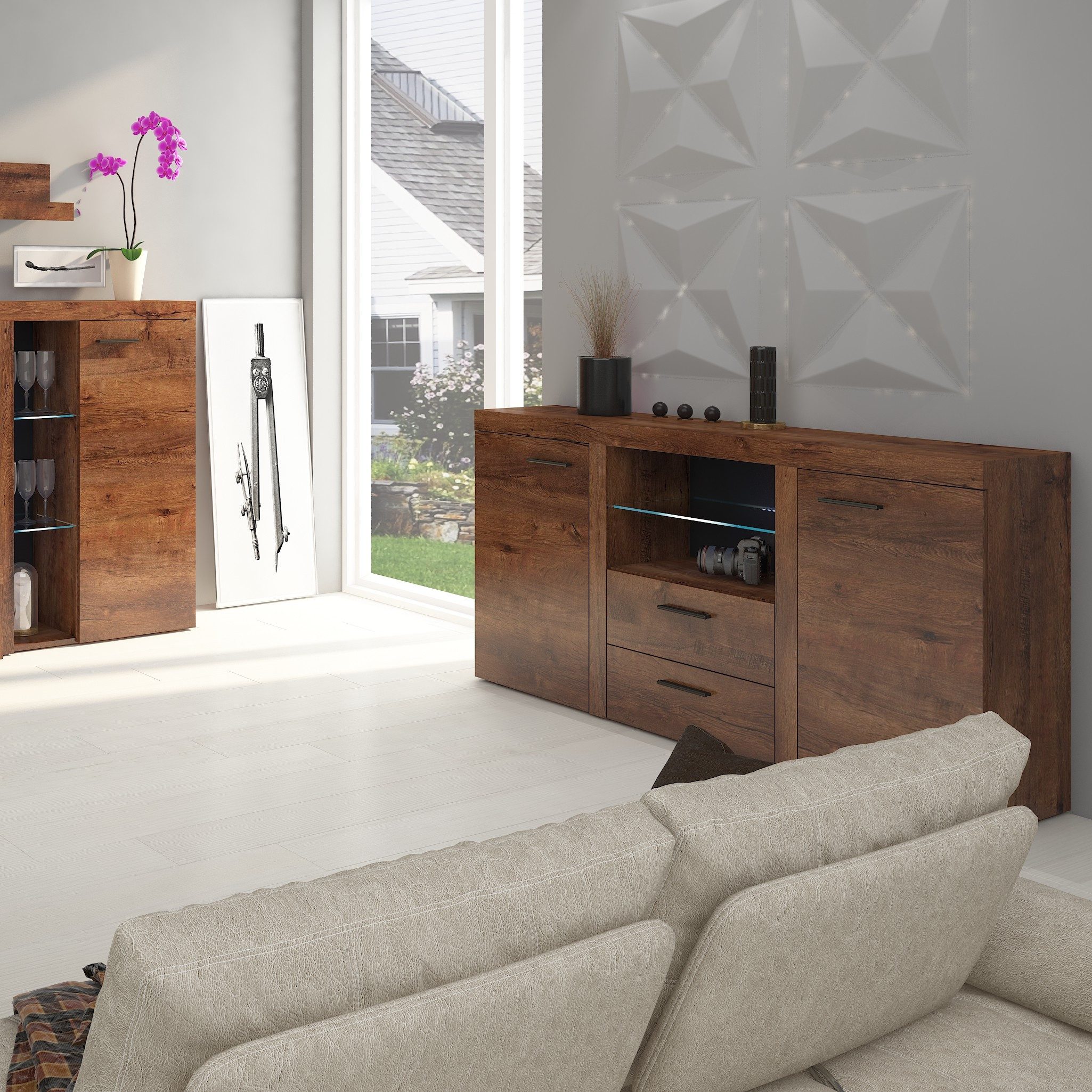 Masseno Kommode RITMO 156 cm Sideboard mit 2 Schubladen und 2 Türen Grau