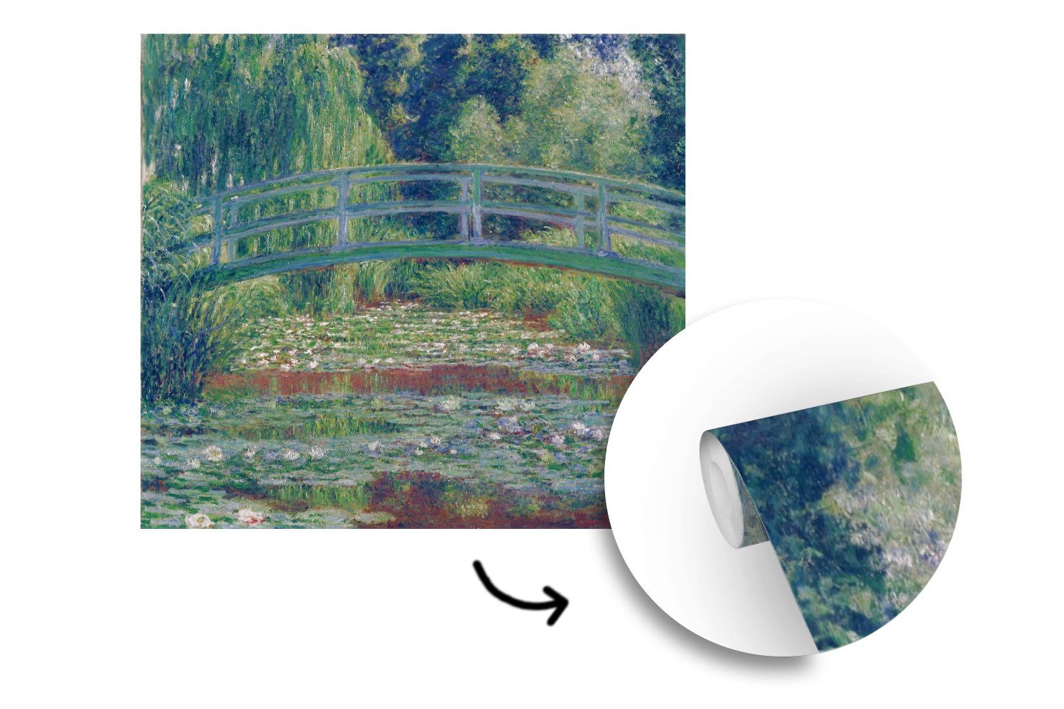 (5 die oder - Wandtapete Wohnzimmer Brücke Die Tapete und Vinyl Monet, für Fototapete von Matt, Gemälde MuchoWow Claude St), Seerosen japanische bedruckt, Schlafzimmer,