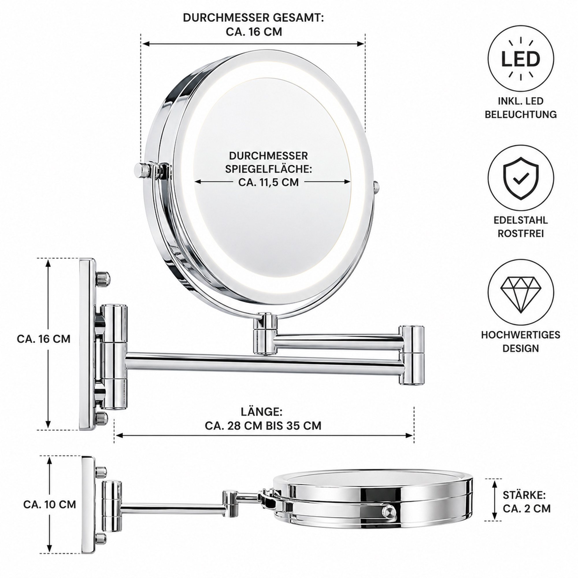 Mucola Kosmetikspiegel LED Schminkspiegel Kosmetikspiegel Vergrößerungsspiegel Wandspiegel (Stück, 1-St., Spiegel), Led, 10-fach Vergrößerung