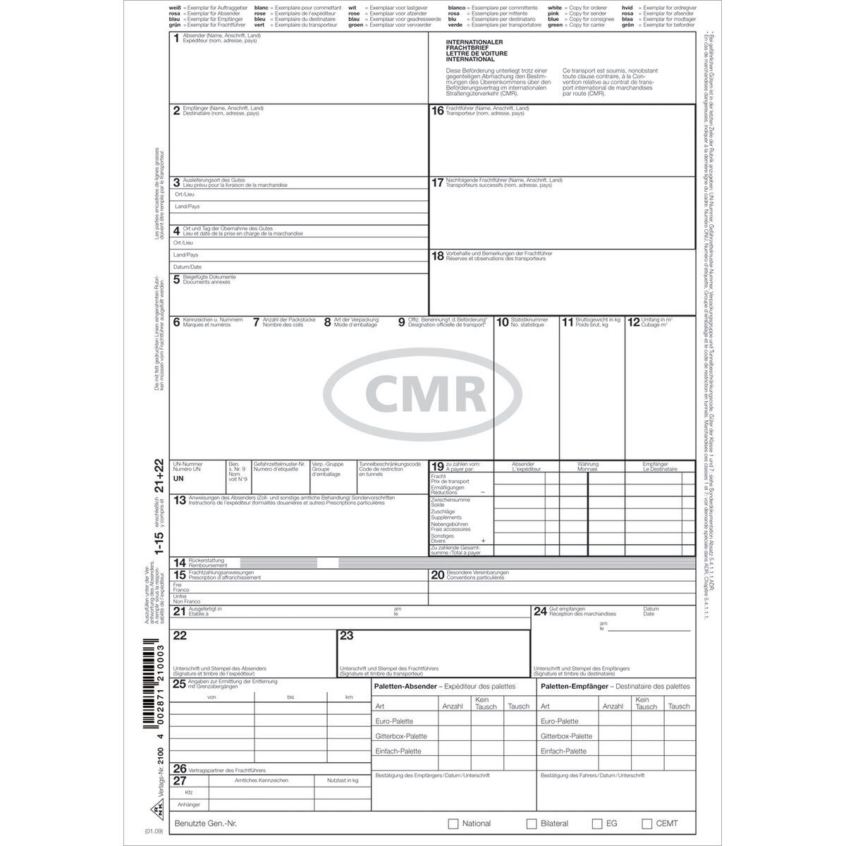 RNK Verlag Formularblock Internationaler Frachtbrief (CMR) - SD 1 x 4 Blatt DIN A4.