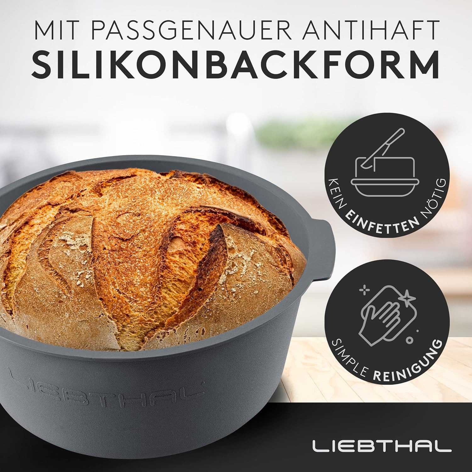 Liebthal Brotbackform aus Gusseisen - mit Deckel, eingebrannt, Silikoneinlage, 4,6 L, Silikongriffe, für alle Herdarten