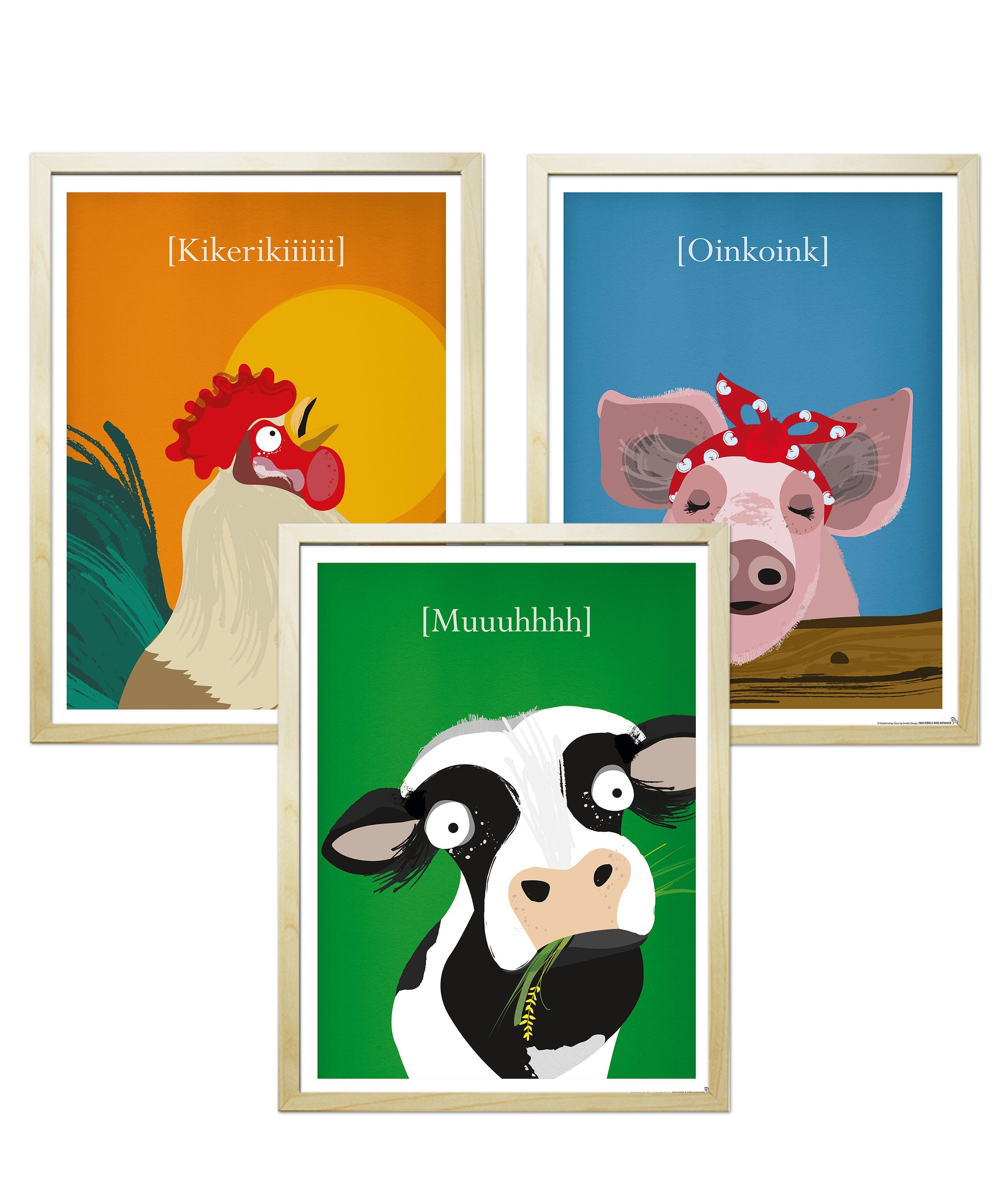 Close Up Poster Kinderzimmer Poster Bauernhof 3er-Set gerahmt kieferfarben