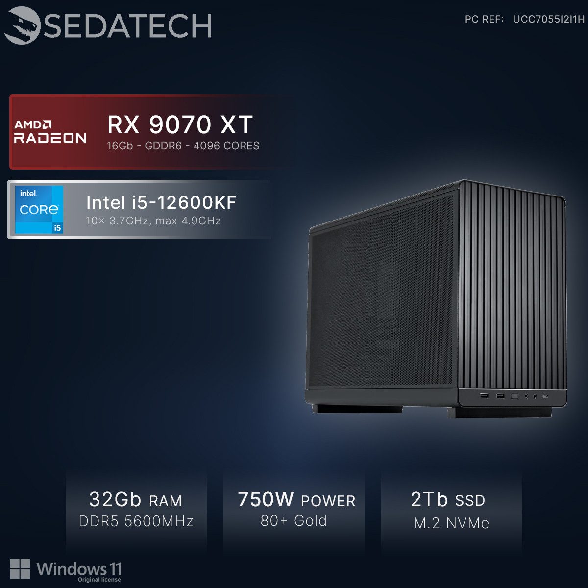 Sedatech UCC7055I2I1HF - Workstation Mini-PC (Intel Core i5 12600KF 10x 3.7GHz (max 4.9GHz), Radeon RX 9070 XT 16GB, 32 GB RAM, 2000 GB SSD, Wlan 6E)