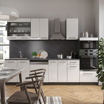Livinity® Küchenzeile Fame-Line, Weiß Hochglanz/Anthrazit, 300 cm mit Hochschrank, AP Ma...
