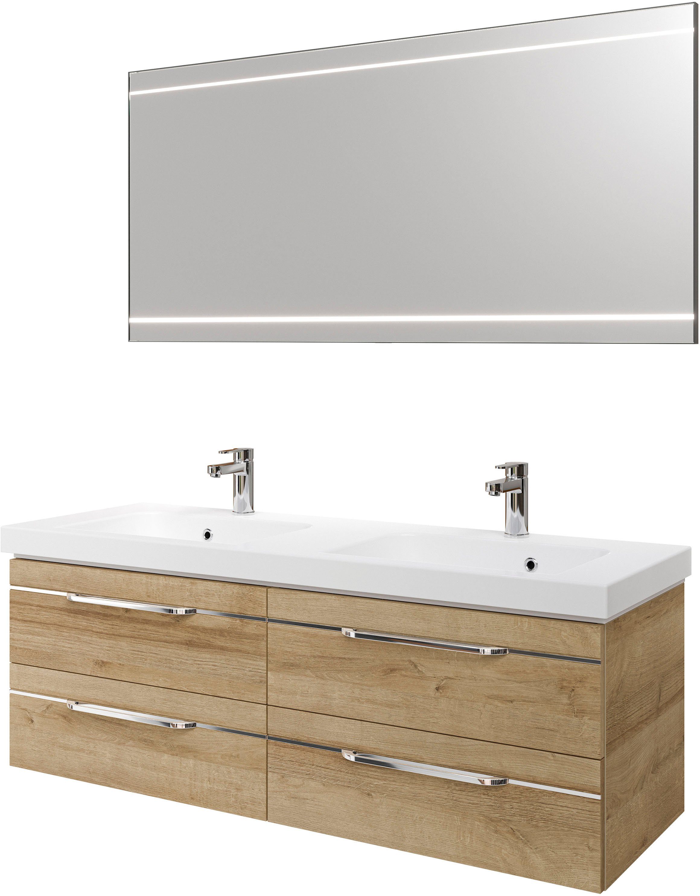 Saphir Badmöbel-Set Balto 2-teilig Mineralmarmor-Doppelwaschtisch mit LED-Spiegel, (2-St), Waschplatz 150 cm breit, 4 Schubladen, inkl. Schubladendämpfer