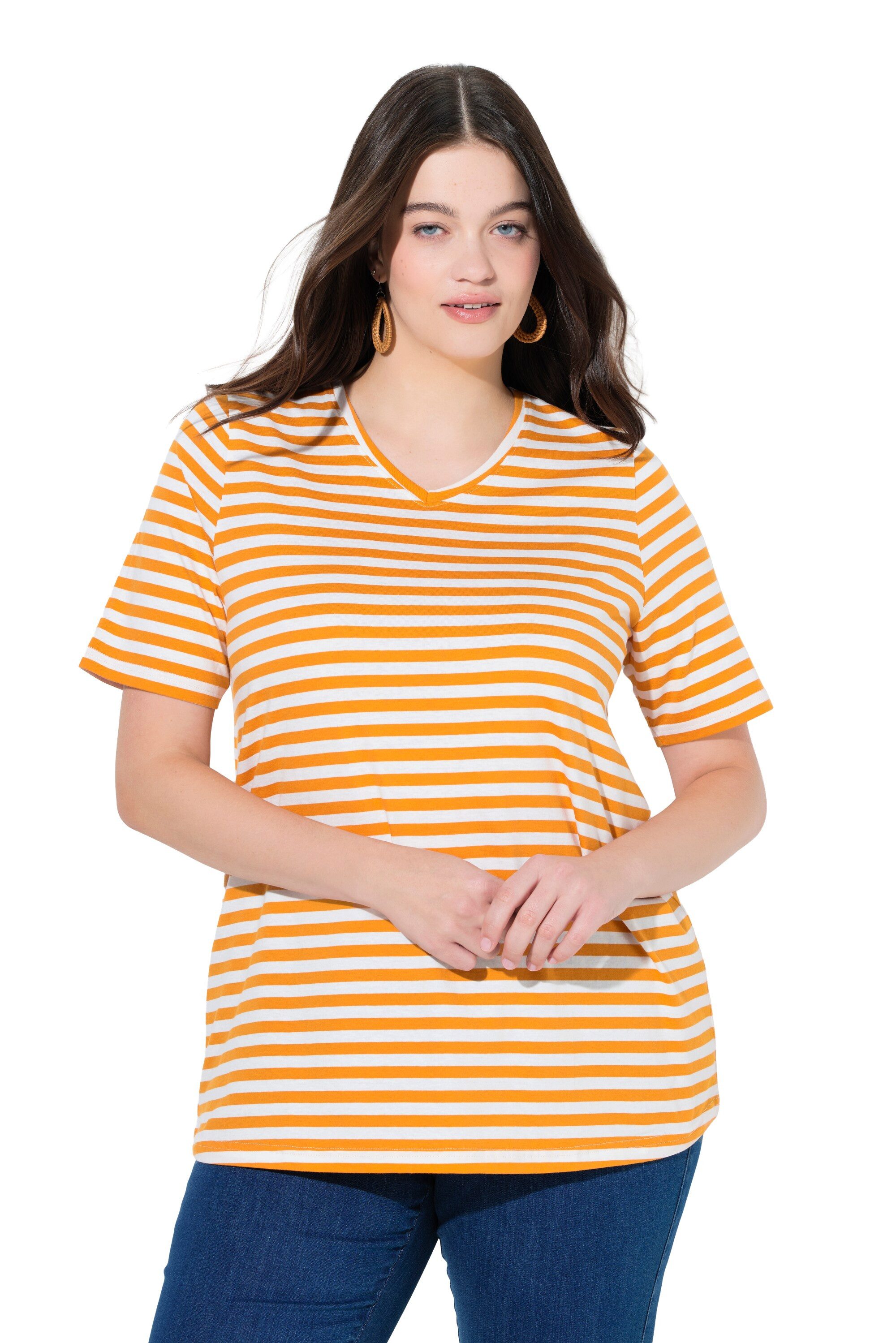 Ulla Popken T-Shirt T-Shirts 2er-Pack Ringel/uni V-Ausschnitt Halbarm günstig online kaufen