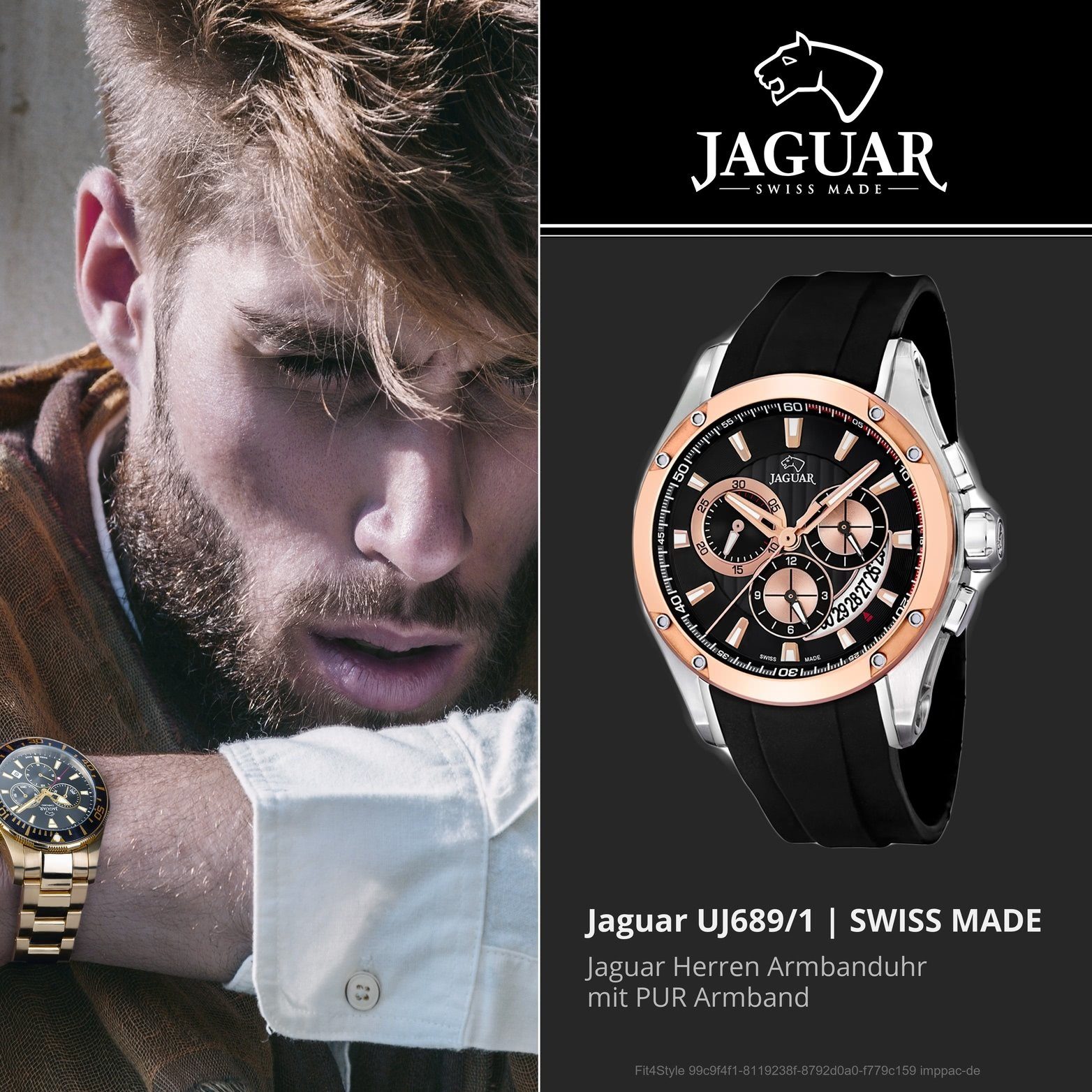 groß Sport-Style Jaguar Uhr J689/1 Herren rundes mit Sport, Herrenuhr Chronograph PURarmband, JAGUAR PUR (ca. 43mm), Gehäuse,