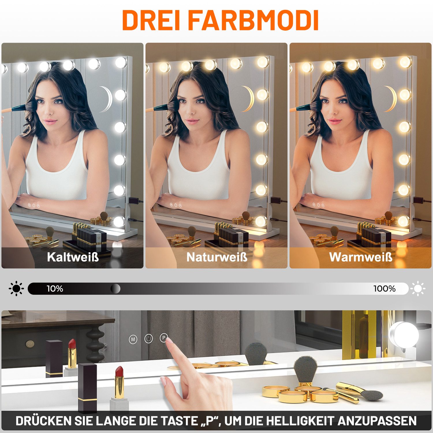 oyajia Schminkspiegel Bluetooth Hollywood Spiegel, Schminkspiegel mit Beleuchtung und USB (3-farbig einstellbares Licht mit Memory-Funktion, 1-St., Mit Musiklautsprecher, Touchscreen), Schminkspiegel mit 15/18 LED-Leuchten, stufenlos dimmbar