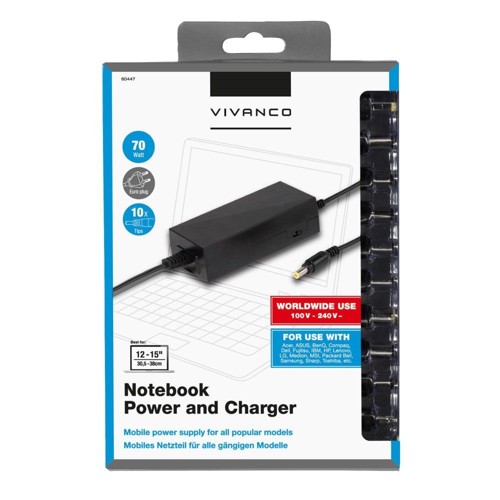 Vivanco Universal Schaltnetzteil für Notebooks und Netbooks, 70W, Euro Notebook-Netzteil