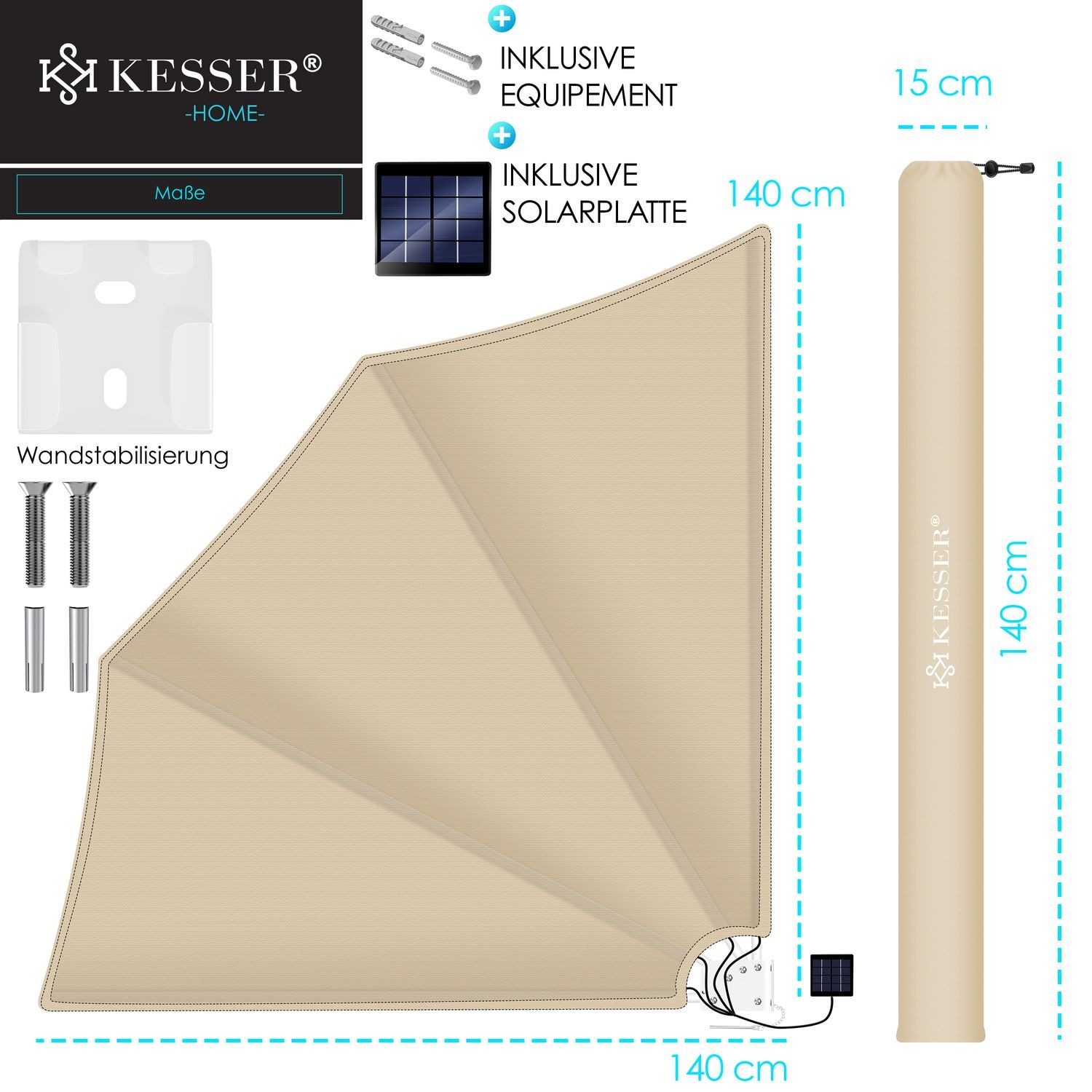 KESSER Sonnensegel, KESSER® Balkonfächer mit LED klappbar mit Wandhalterung 140x140cm