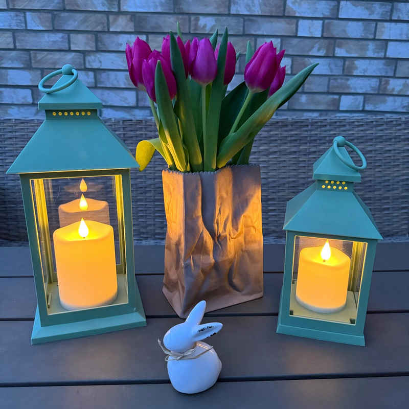 Online-Fuchs LED Laterne 2 Laternen mit LED-Kerzen und Timerfunktion im Set - Outdoor -, Rosa, Grün oder Weiß wählbar, Warmweiß, Wetterfest - 35 cm groß
