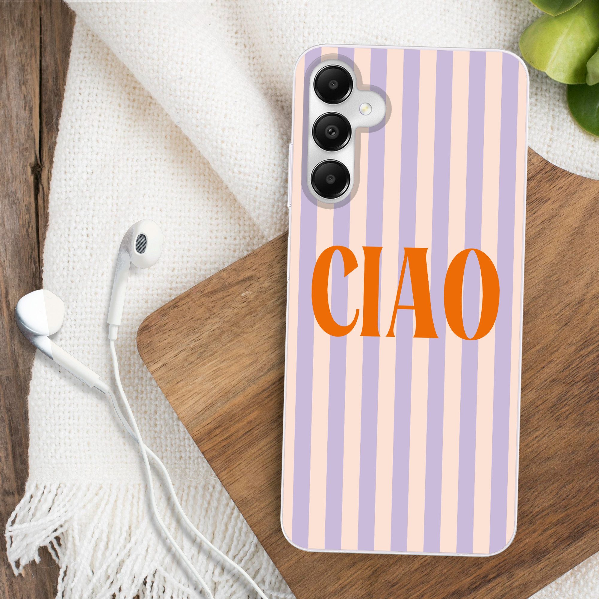 MuchoWow Handyhülle für Samsung Galaxy A05s Ciao - Zitat - Pastell - Streifen, Smartphone-Bumper, Print, Handy Schutzhülle Dünn