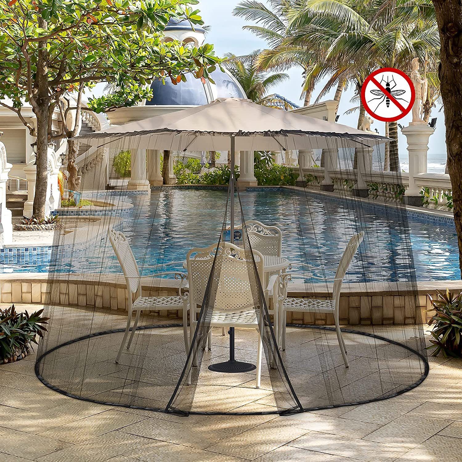 Sekey Moskitonetz Verstellbares Insektenschutz für 250-300 cm Sonnenschirme Pavillon, Fliegengitter Mückennetz für Sonnenschirm, 2,5 m Höhe, mit Türen