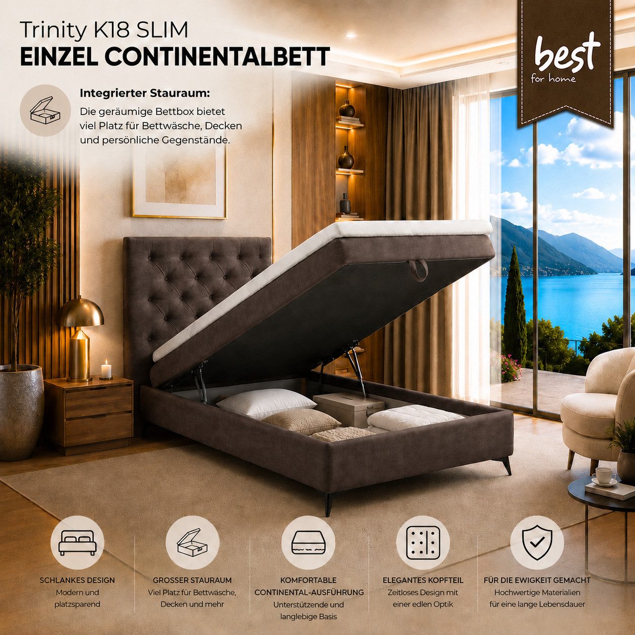 Best for Home Boxspringbett K18 Single SLIM mit Bettkasten & Bonellfedrkernmatratze, Topper H3 (Einzelbett, Polsterbett, Juniorbett, Hotelbett, versch. Größen, 1-St., 70x200 80x200 90x200 100x200 cm), mit oder ohne Topper, Flexible Liefermöglichkeiten, Handwerksqualität