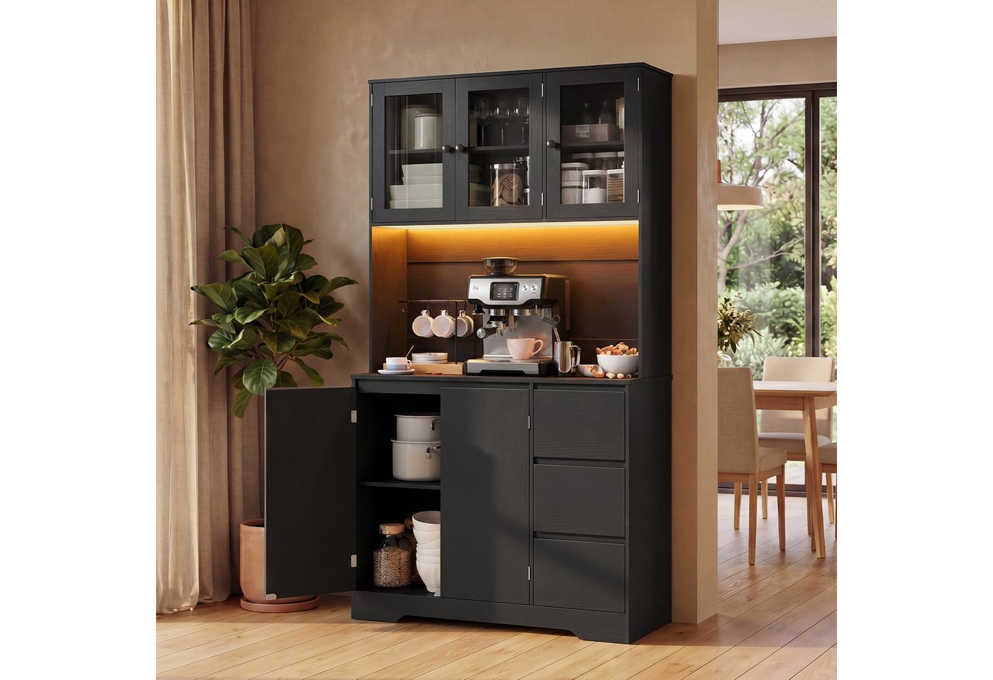 Bealife Buffet Küchenschrank mit Arbeitsplatte und 3 Schubladen (Mit LED-Licht (farblich einstellbar) & Steckdose)