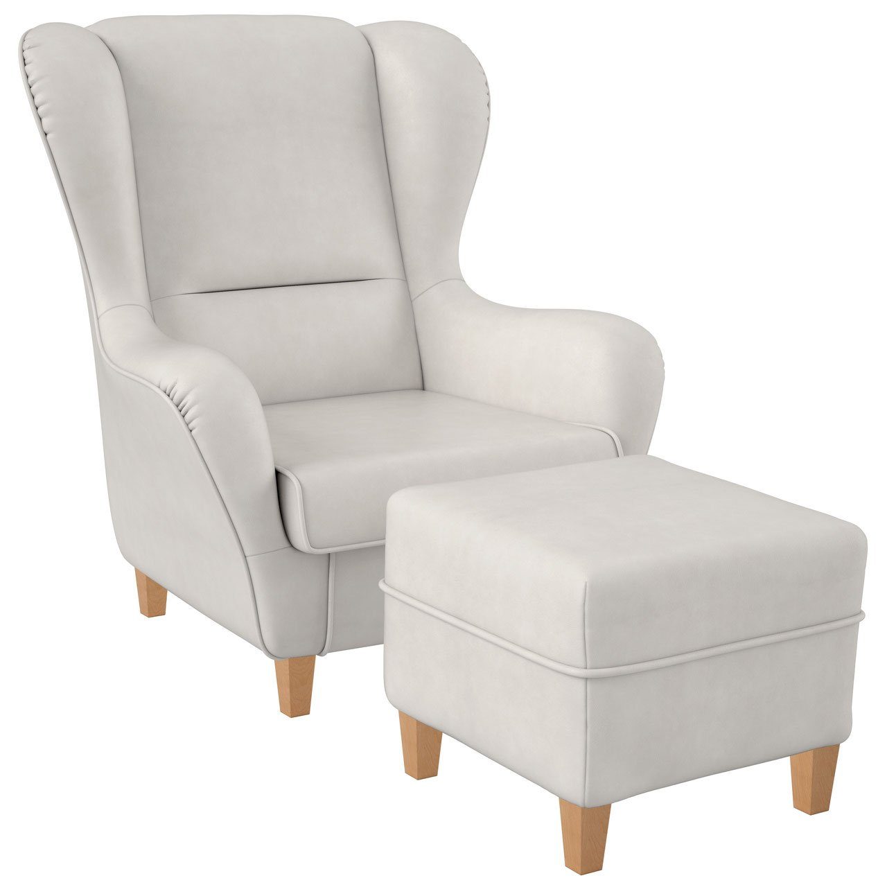 Supellex Ohrensessel Sofia, Relaxsessel mit Hocker, Design Kunstleder Milano, weiß