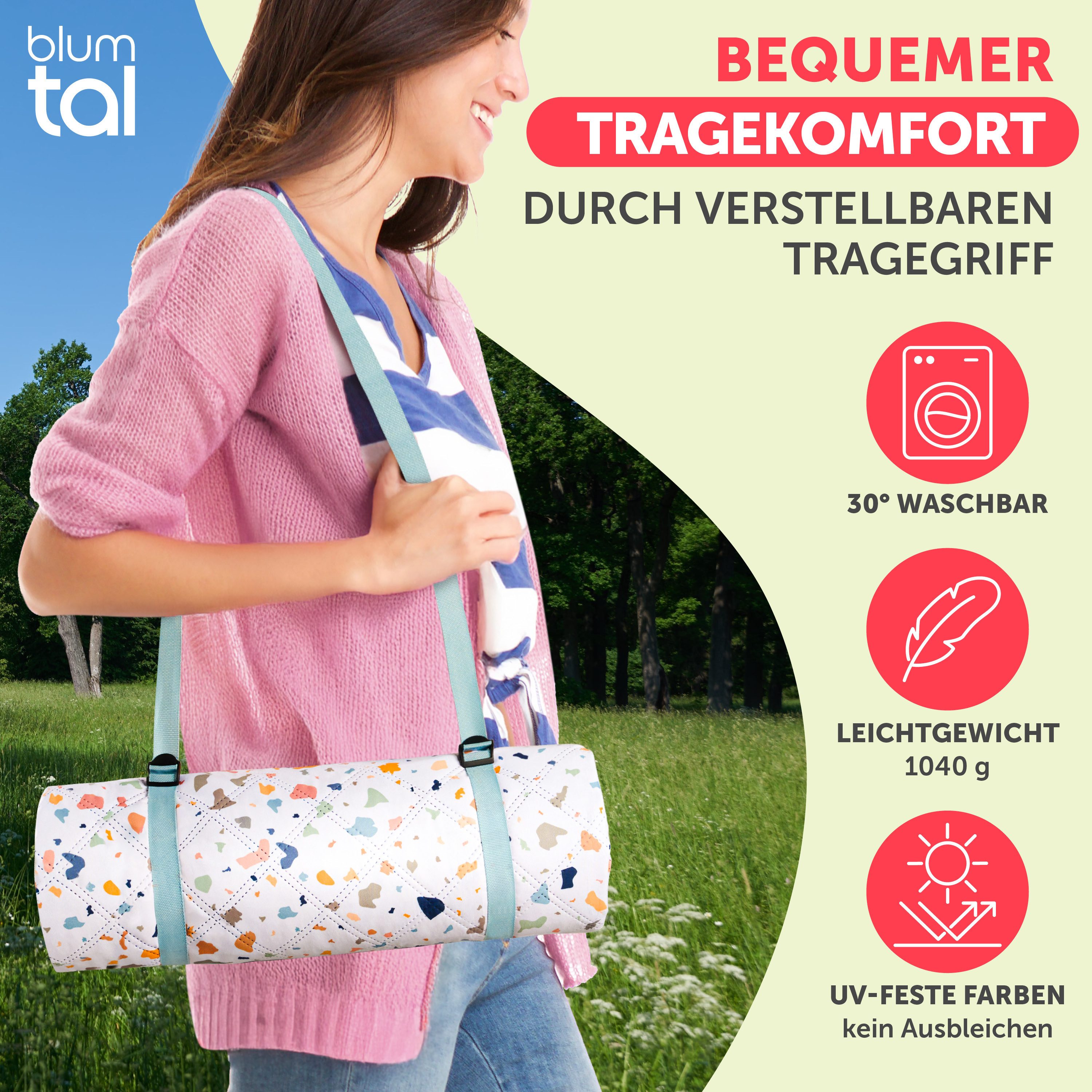 Picknickdecke Premium Picknickdecke wasserabweisend - Boho & TERRAZZO Design, Blumtal, 200x200 cm, waschbare Stranddecke sandfrei + weiche Zwischenfüllung