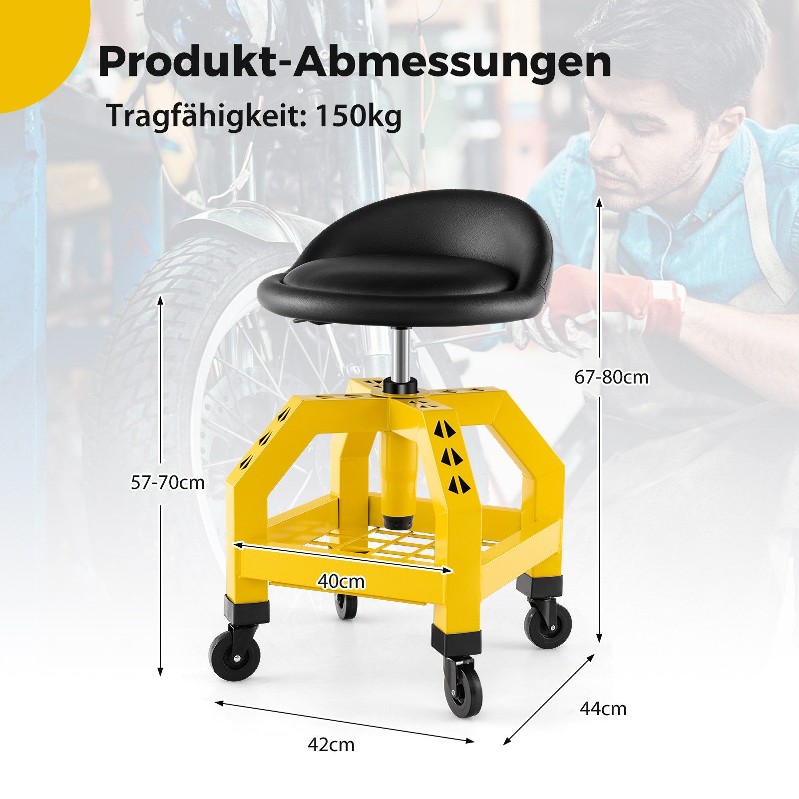 COSTWAY Montagehocker, höhenverstellbar, bis 150 kg, mit Werkzeugablage Gelb