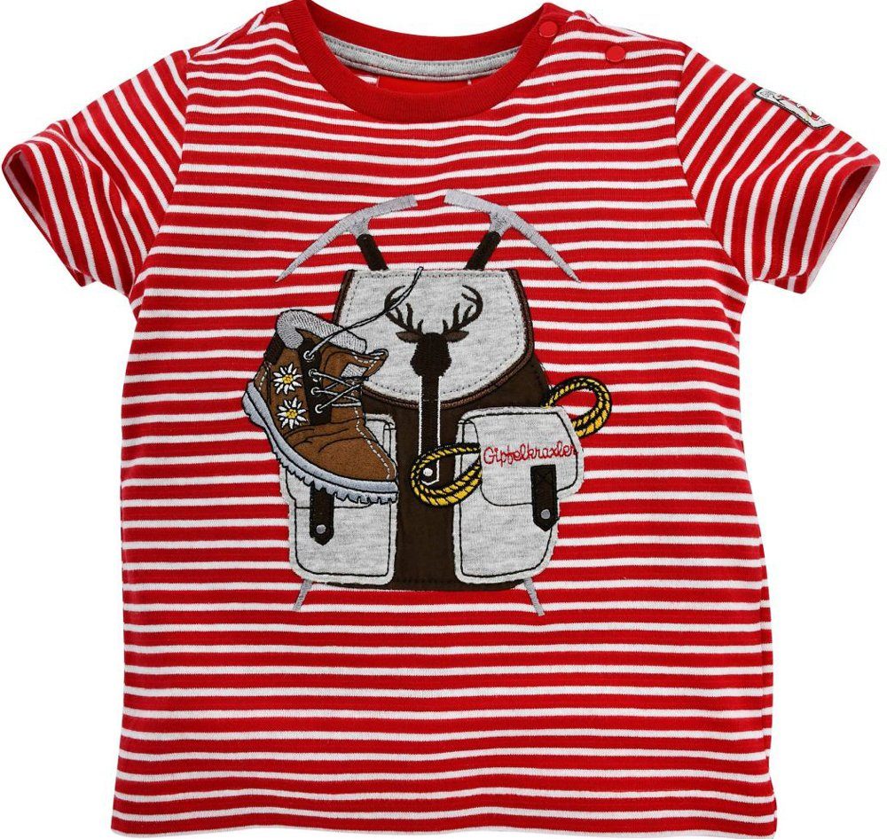 BONDI T-Shirt Wanderer Baby Ringelshirt - Kurzarm Jungen Gipfelkraxler "Rucksack" mit Rot Printmotiv