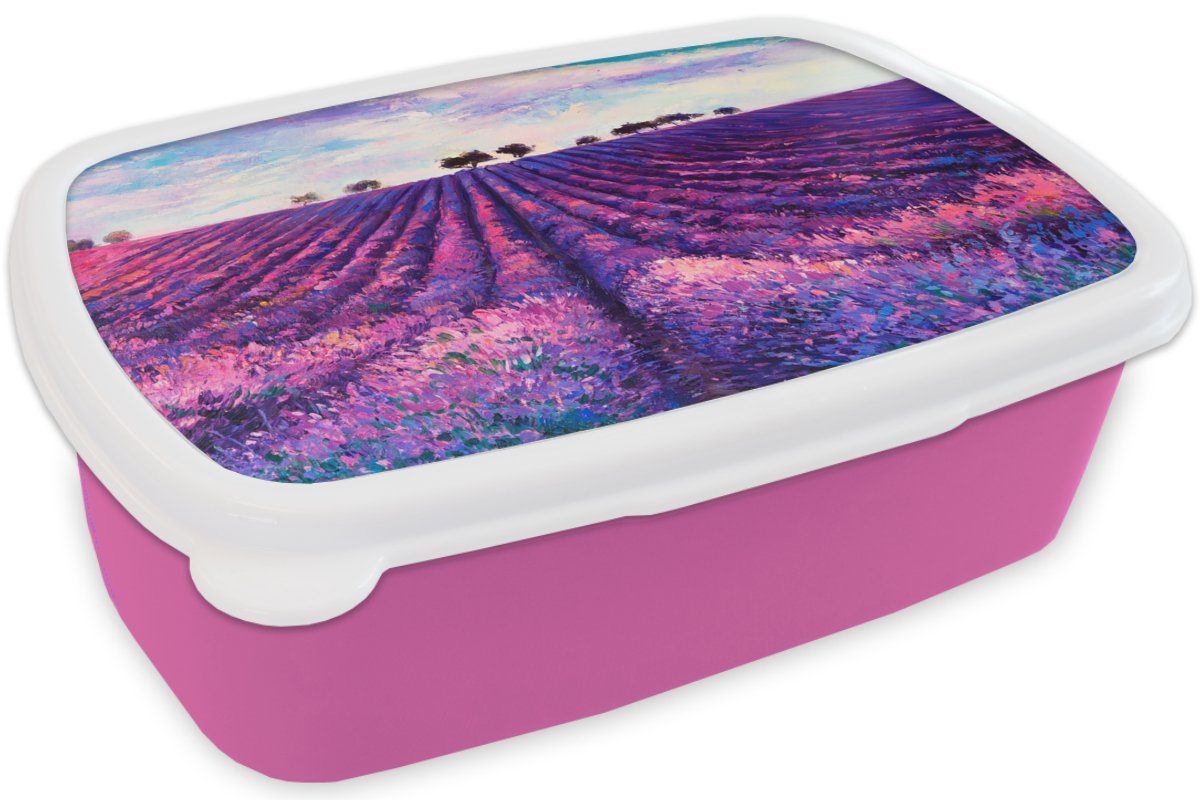 rosa Blumen, Brotbox - Snackbox, Kinder, für MuchoWow Kunststoff Ölfarbe Erwachsene, Kunststoff, Brotdose - Malerei Lunchbox Mädchen, (2-tlg),