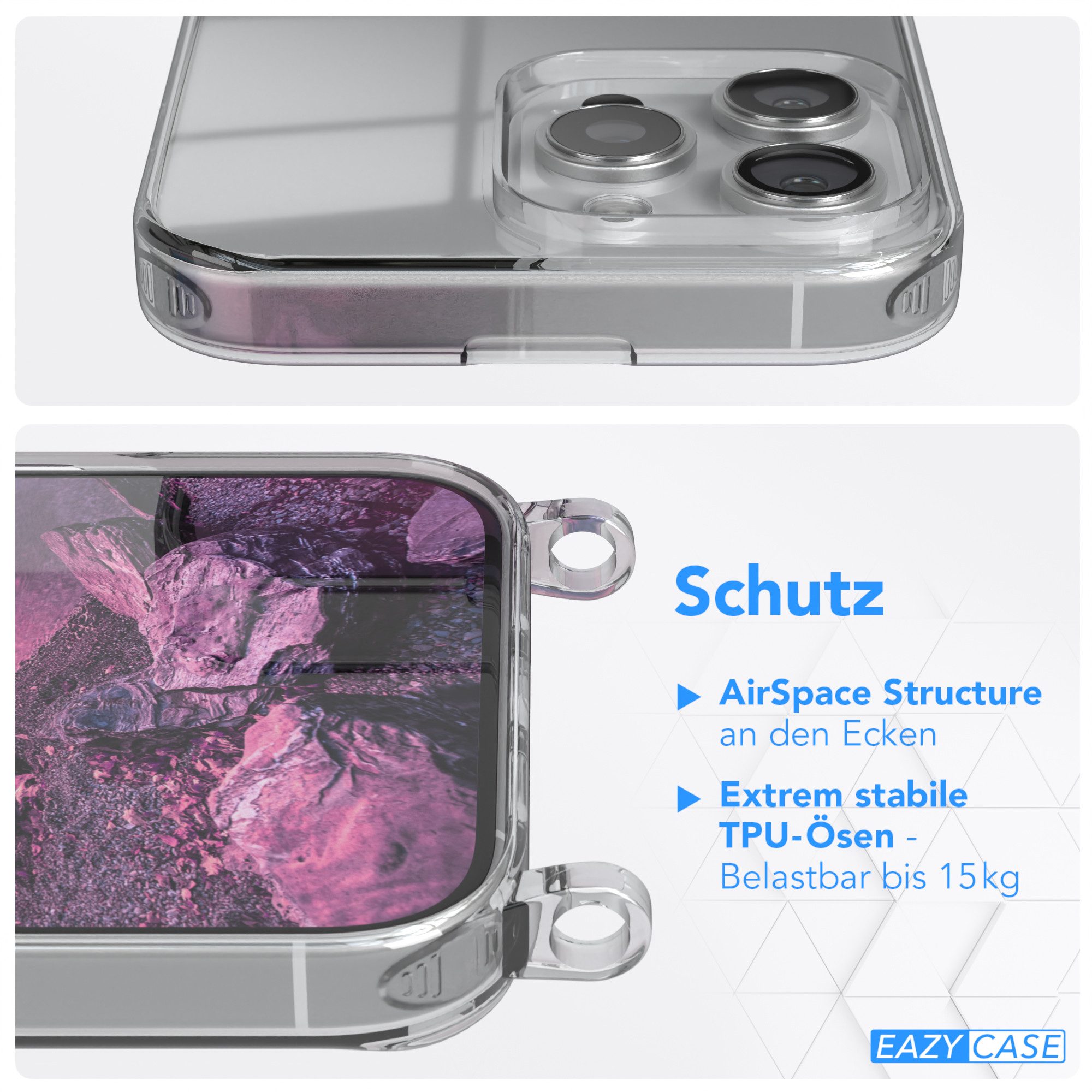 EAZY CASE Handykette Hülle mit Kette für Apple iPhone 16 Pro Max 6,9 Zoll, Umhängetasche für Handy Silikonhülle Handyhülle durchsichtig Violett