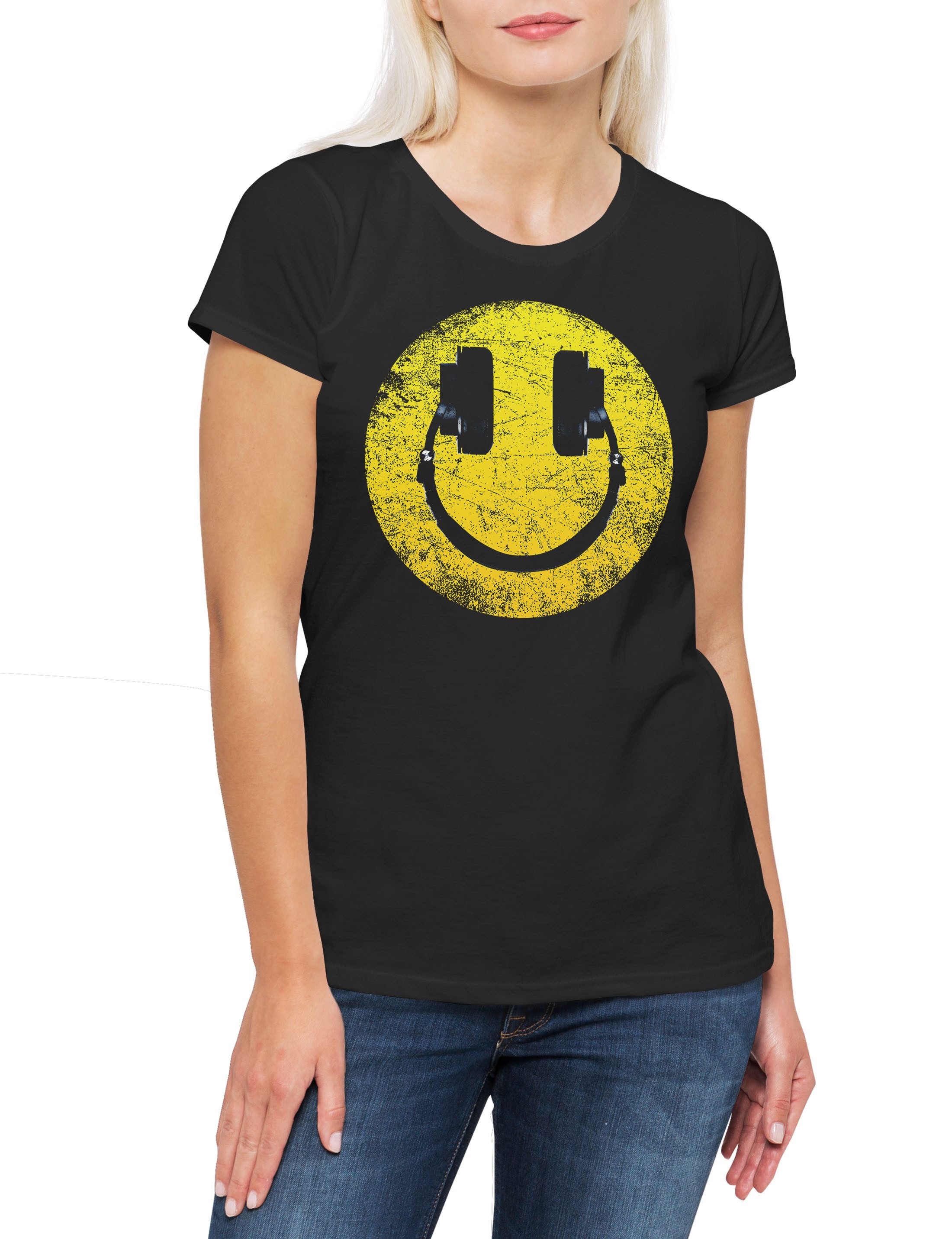 Print-Shirt Headphones Smile Damen T-Shirt Dj Disco Electro Techno Rave Club Rap