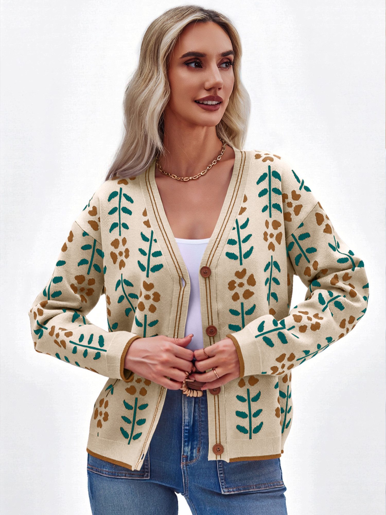 Imily Bela Cardigan Langarm Damen-Strickpullover mit Blumendruck (Packung, 1-tlg., 1per-Pack) casual