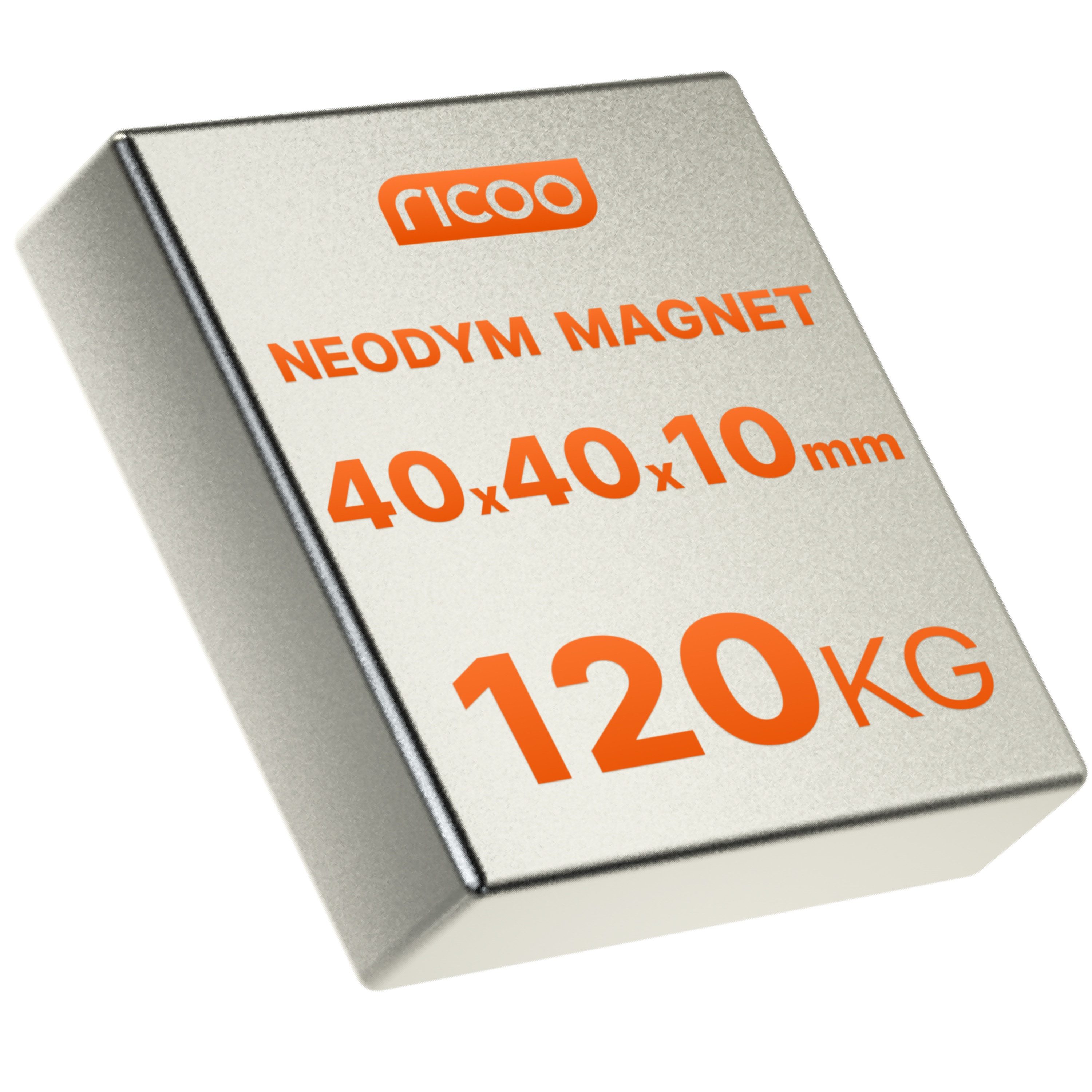 RICOO Magnet Neodym Magnet Extra Starke NEODYMMAGNET (1-St., 40x40x10 mm N45 quader Haftkraft bis 120Kg), Quadermagnet sehr starker Quader Breite x Tiefe x Höhe 4 x 4 x1 cm