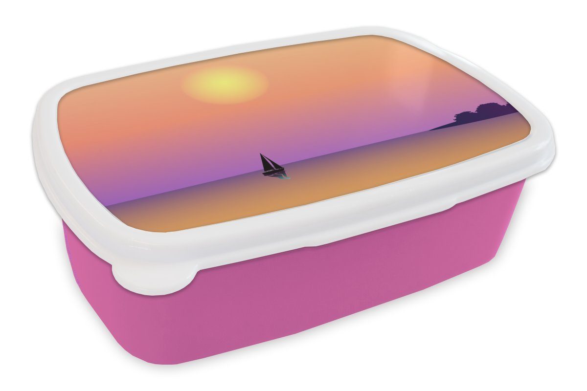MuchoWow Lunchbox Boot - Segeln - Sonne - Nacht, Kunststoff, (2-tlg), Brotbox für Erwachsene, Brotdose Kinder, Snackbox, Mädchen, Kunststoff rosa