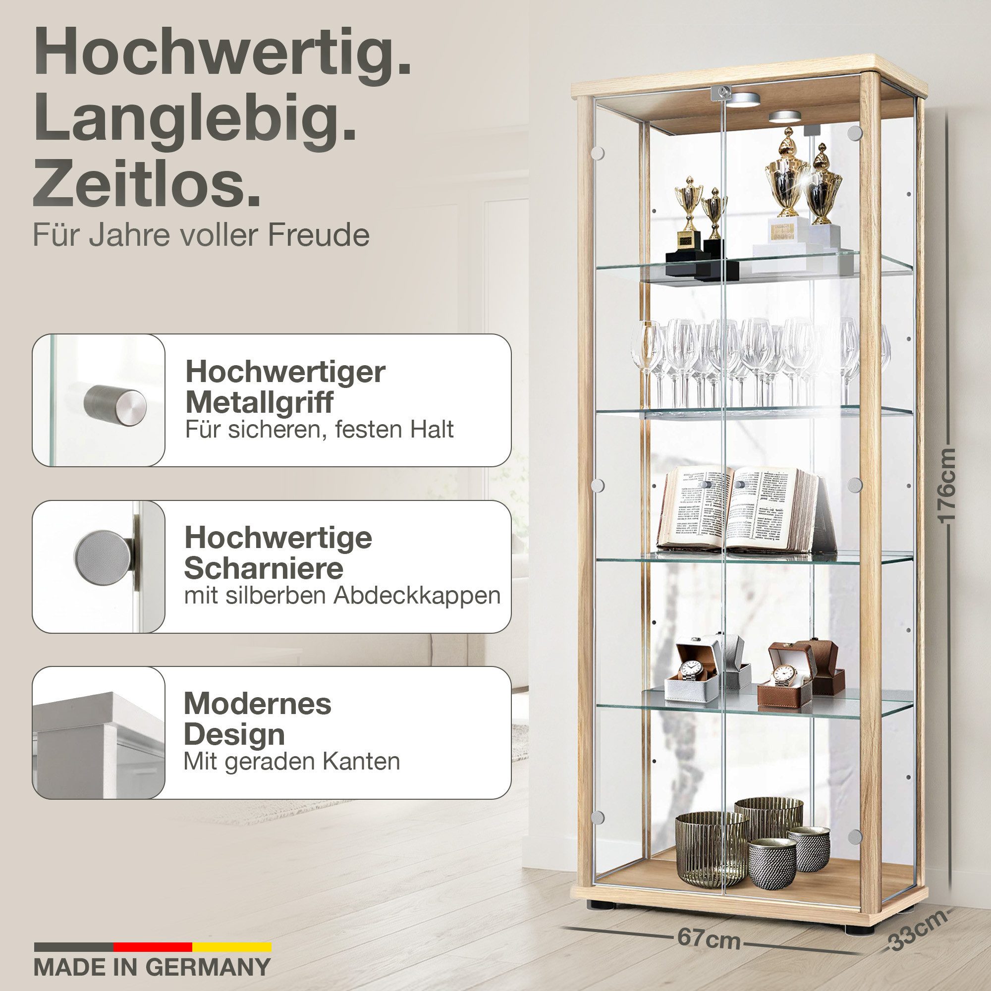 K-Möbel Glasvitrine C1084 (Glasvitrine (176x67x33 cm) mit 2 Glastüren) Glasvitrine stehend