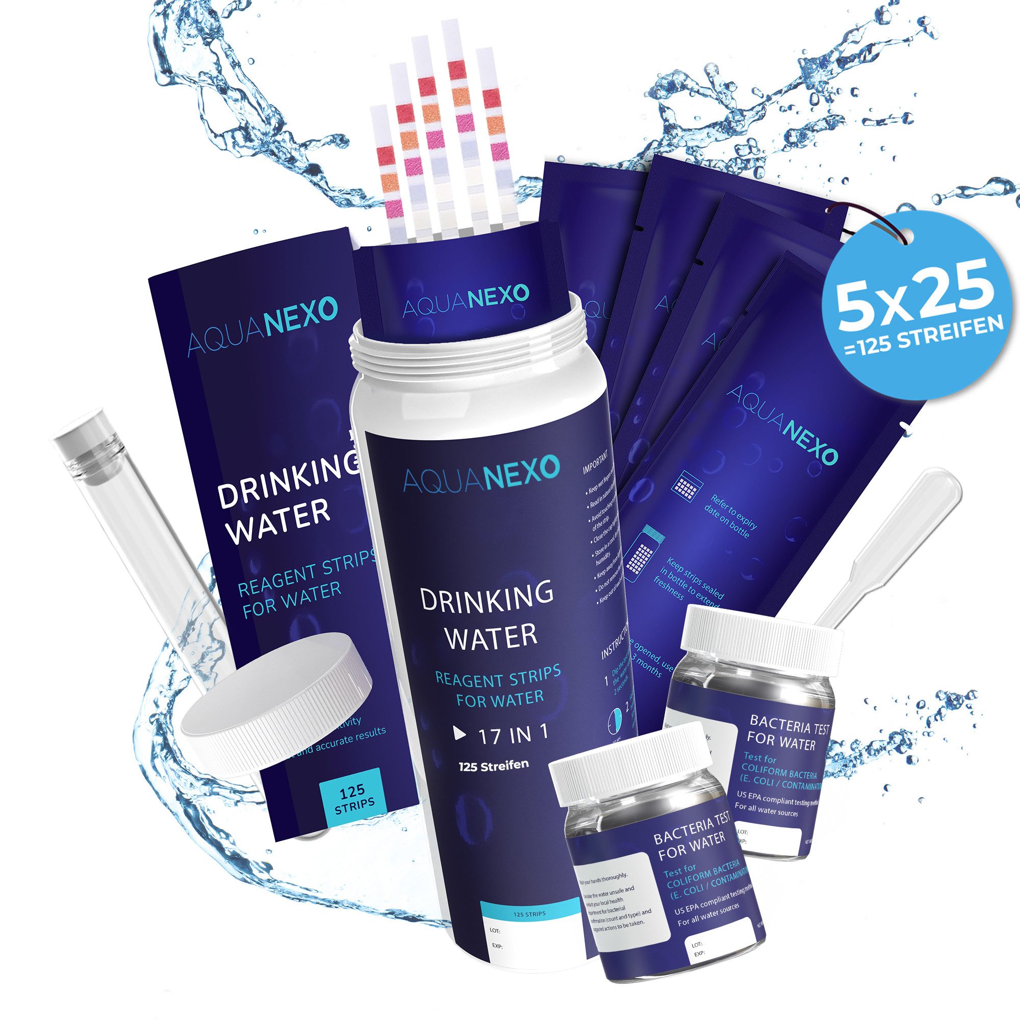 AquaNexo Trinkwassertest Teststreifen 16-in-1 125x + 2 Bakterientests inkl. Pipette/Reagenzglas